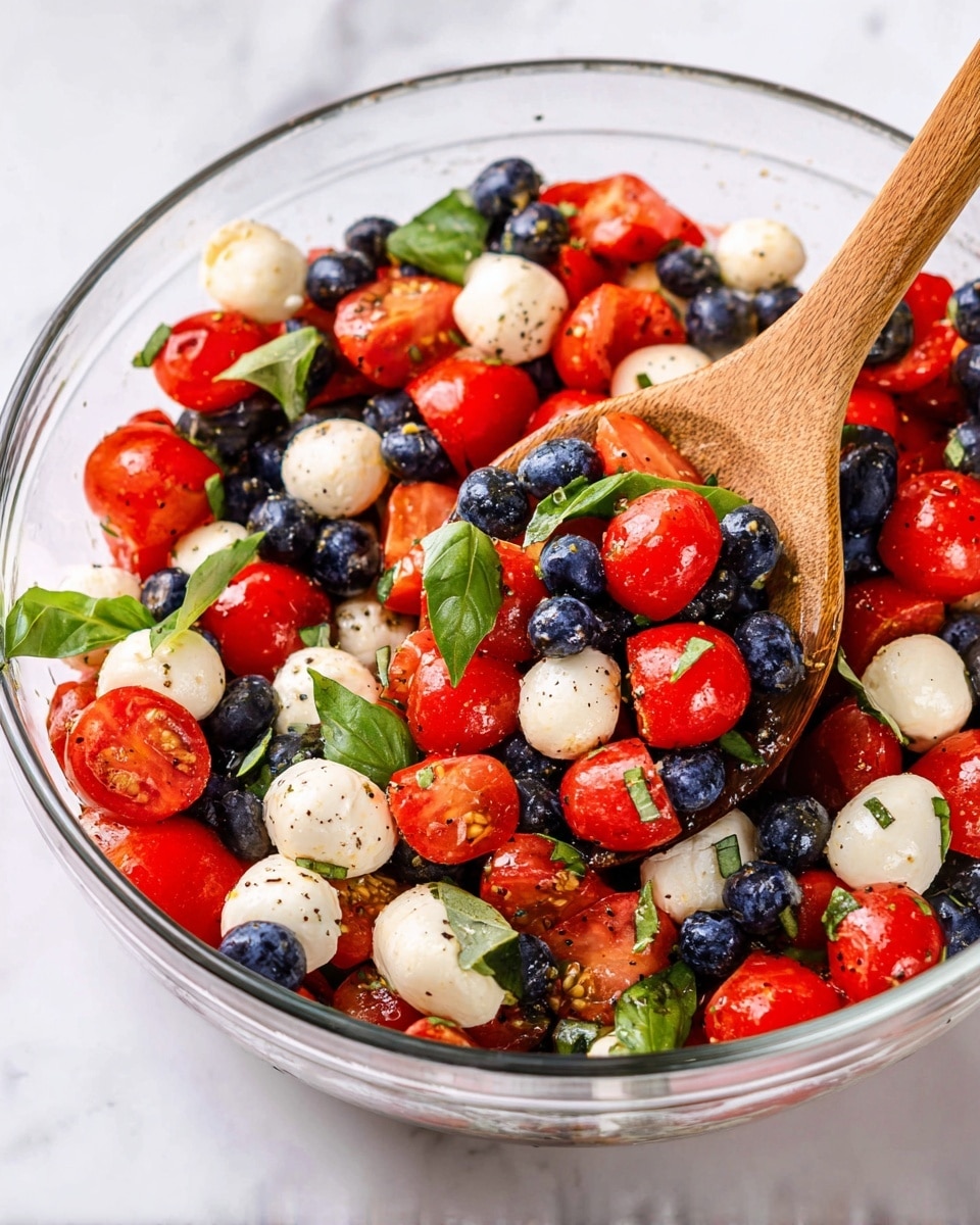 The image shows a clear glass bowl filled with a colorful salad made of three main layers mixed together: bright red halved cherry tomatoes, small round white cheese balls, and dark blue blueberries. Scattered fresh green basil leaves add contrast throughout. The ingredients have a light coating of oil and black pepper. A wooden spoon is scooping some of the salad from the bowl, showing the juicy textures and vibrant colors against a white marbled surface. photo taken with an iphone --ar 4:5 --v 7
