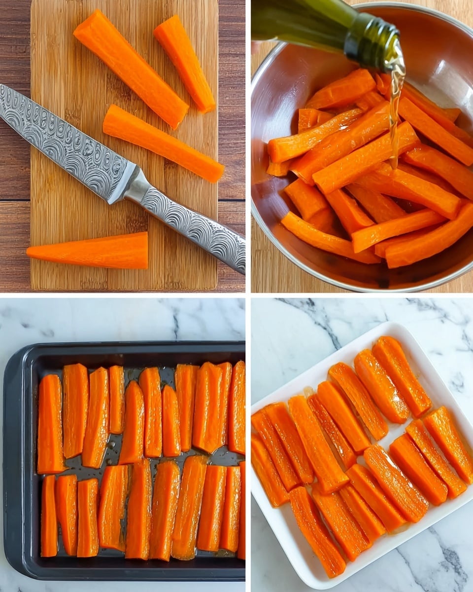 The image shows four parts: the first part has a close-up of four long carrot pieces with bright orange color and smooth, glossy texture, placed on a wooden board next to a large silver knife with a patterned handle. The second part shows a shiny silver bowl filled with similar long carrot pieces, and a green bottle pouring liquid over them. The third part displays a white tray covered with neatly arranged carrot pieces, all bright orange and slightly shiny. The fourth part shows the same white tray with the carrots now roasted, having a deeper orange color and a slightly wrinkled texture, placed on a white marbled surface. photo taken with an iphone --ar 4:5 --v 7