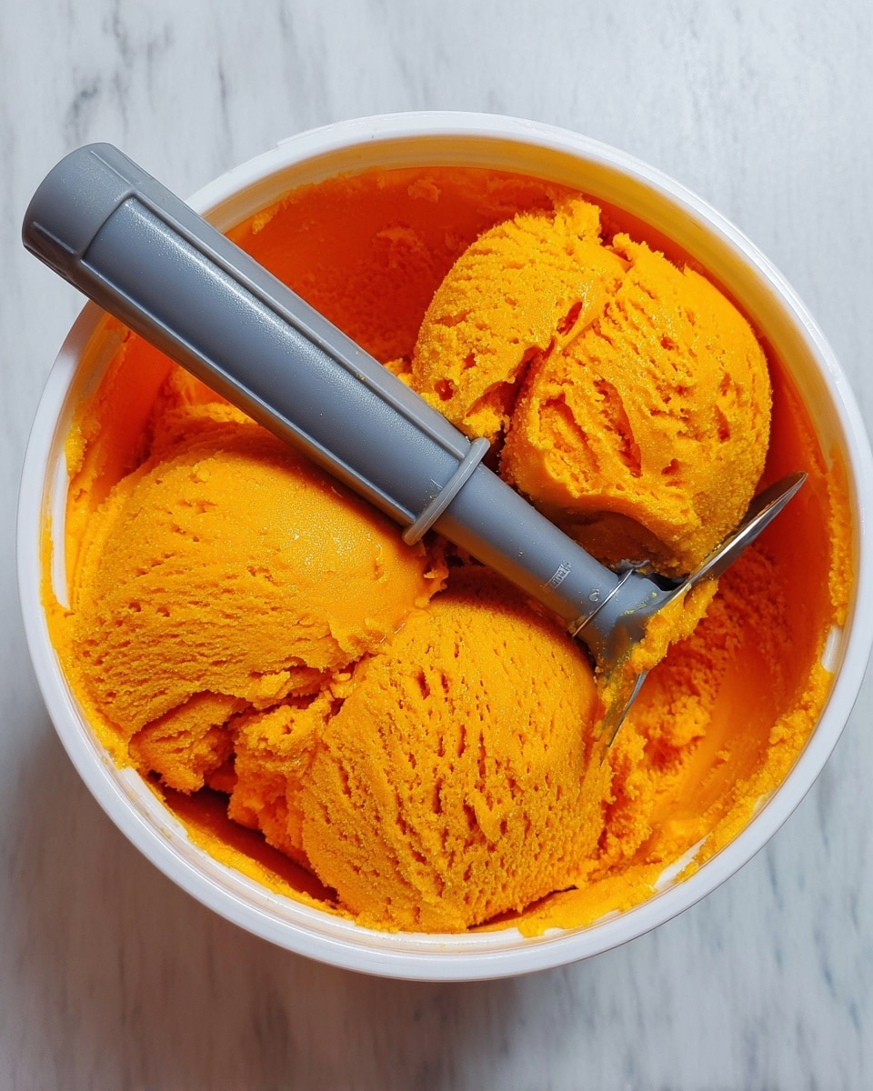 A white round container holds three large scoops of bright orange ice cream with a creamy, slightly textured surface. A grey plastic ice cream scoop rests across the top of the ice cream inside the container. The background is a white marbled texture. photo taken with an iphone --ar 4:5 --v 7