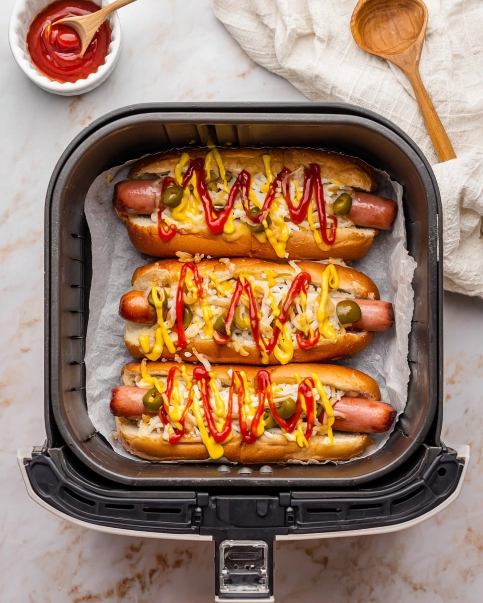 The image shows three hot dogs placed side by side inside a black air fryer basket lined with white parchment paper. Each hot dog has a brown bun and a pink sausage visible at the ends. On top of the sausages, there is a layer of melted white cheese, scattered slices of green olives, and a drizzle of bright yellow mustard and red ketchup, creating a colorful and textured look with the sauces flowing over the edges. The air fryer basket sits on a white marbled surface, and to the top left, there is a small white ramekin with red ketchup and a small wooden spoon resting inside. A white crumpled cloth is visible on the top right corner. Photo taken with an iphone --ar 4:5 --v 7
