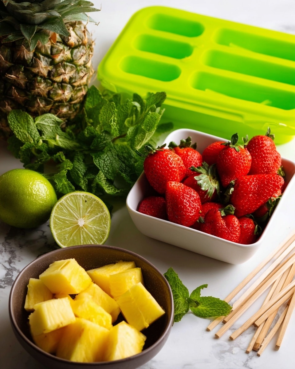 The image shows a fresh and colorful arrangement of fruit and ingredients on a white marbled surface. At the front, there is a white bowl filled with bright red strawberries with green tops. To the left, next to the strawberries, is a dark brown bowl holding yellow pineapple slices with chunky texture. Behind the bowls, there are two halves of a lime showing pale green inner flesh, and a whole lime with a smooth green skin. Fresh green mint leaves lie behind the lime, adding a leafy texture and deep green color. At the back, a bright green ice tray with its lid slightly open sits next to a whole pineapple with spiky green leaves. Several light wooden sticks are placed to the right side of the image. The photo was taken with an iphone --ar 4:5 --v 7