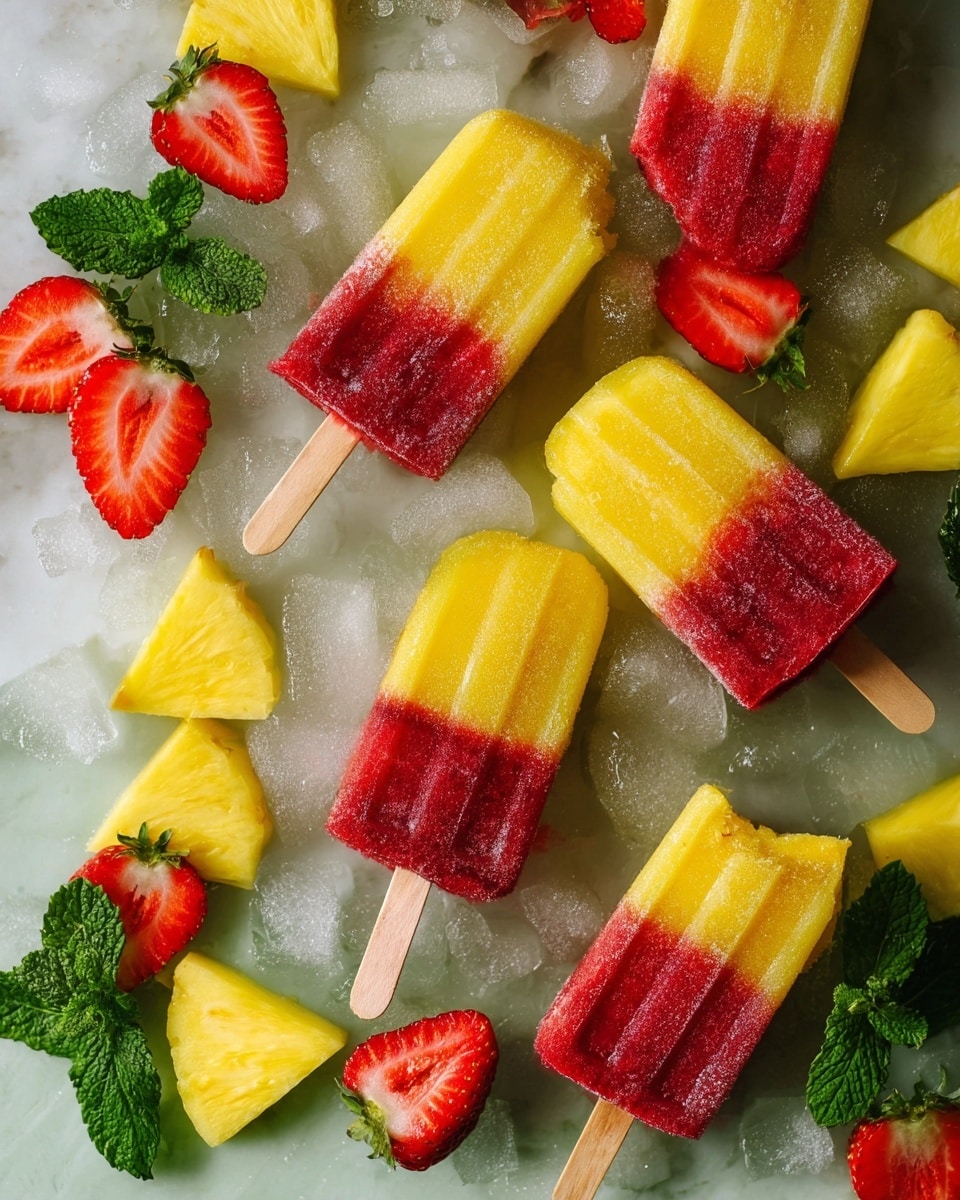 There are six popsicles with two layers each—the top layer is a bright yellow color and the bottom layer is a deep red color. One popsicle is bitten on the corner, showing the two layers clearly. The popsicles rest on light green ice with scattered small ice cubes. Around the popsicles are fresh strawberry halves, bright yellow pineapple pieces, and green mint leaves. The whole scene is on a white marbled surface. photo taken with an iphone --ar 4:5 --v 7