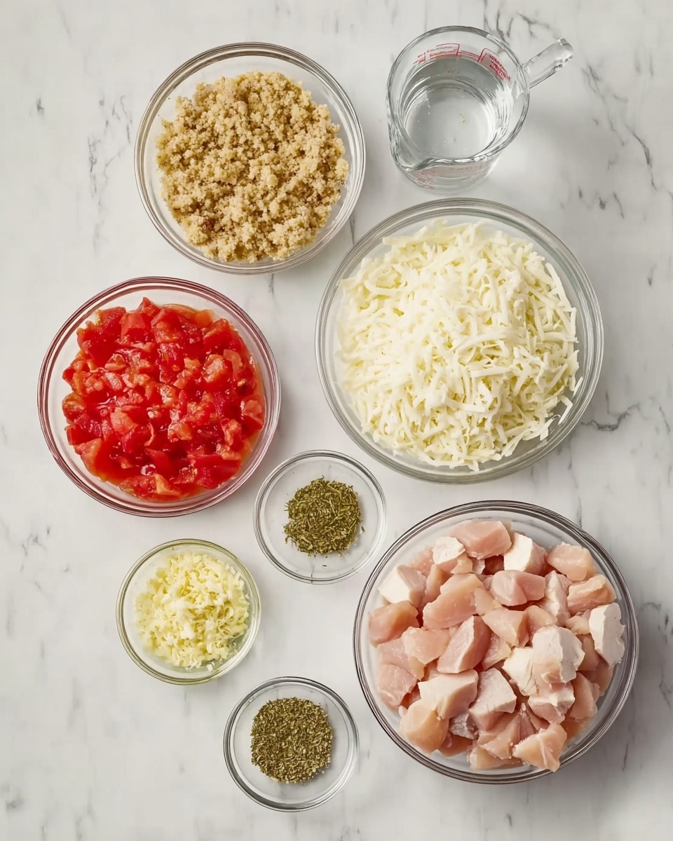 The image shows six clear glass bowls arranged on a white marbled surface. One large bowl at the bottom right is filled with raw, light pink cubed chicken. To its right, a large bowl contains shredded white cheese. Above these, a medium bowl holds chopped red tomatoes in juice. To the left of the tomatoes, a medium bowl is filled with a crumbly light brown mixture. Below that, a small bowl contains finely minced light yellow garlic, and next to it, another small bowl holds dried green herbs. A clear glass measuring cup with water stands near the center at the top. All items are neatly placed, showing a clean and organized preparation scene photo taken with an iphone --ar 4:5 --v 7