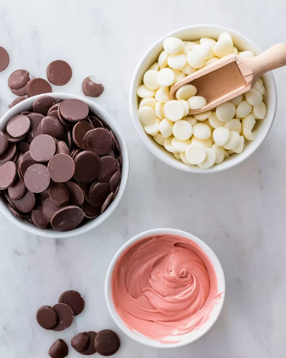 The image shows three white bowls on a white marbled surface. The top bowl is filled with small, smooth, shiny white chocolate discs with a light brown wooden scoop resting on the edge, partially filled with these discs. Below it to the left, another white bowl contains dark brown chocolate discs, larger and flatter, with a similar light brown wooden scoop inside, partly covered by the discs. At the bottom right, there is a smaller white bowl filled with glossy pink melted chocolate that has a smooth, thick texture and gentle swirls on the surface. A few dark chocolate discs are scattered lightly on the marble near the bottom bowl. photo taken with an iphone --ar 4:5 --v 7