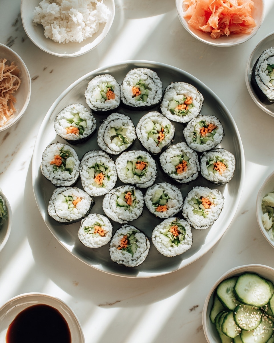 A white round plate holds 18 pieces of sushi rolls arranged in a close circular pattern. Each sushi roll has a black seaweed outer layer, a thick layer of white rice inside, and a filling of green cucumber and orange carrot in the center. Around the main plate, there are small white bowls filled with pale pink pickled ginger, white rice, light brown shredded pieces (possibly dried fish or ginger), dark soy sauce in a small bowl, and sliced green cucumbers with some white sesame seeds sprinkled. The whole setup is on a white marbled surface with soft daylight casting delicate shadows. Photo taken with an iphone --ar 4:5 --v 7