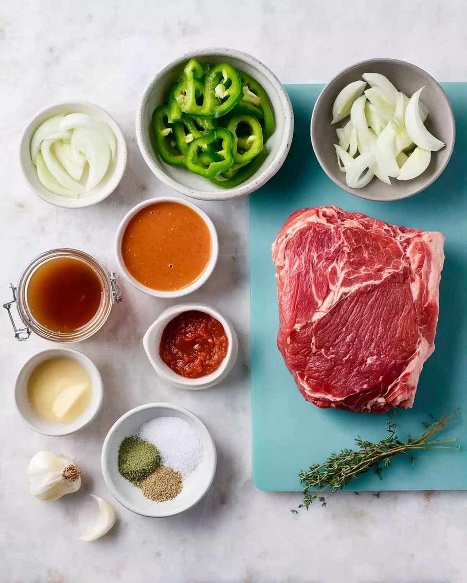 The image shows a light blue cutting board on a white marbled surface with a large raw piece of meat resting on its right side. Surrounding the cutting board are small white bowls and a gray bowl containing various ingredients: bright green sliced bell peppers in the gray bowl, thin white onion slices in another gray bowl, a jar filled with a brown liquid, a small white bowl with a red paste, another with a smooth deep orange sauce, a tiny white bowl with a pale lemon-yellow liquid, one with a light green herb powder, another with minced white garlic, and a small mound of white granulated salt. Fresh green thyme sprigs lie near the salt bowl. photo taken with an iphone --ar 4:5 --v 7