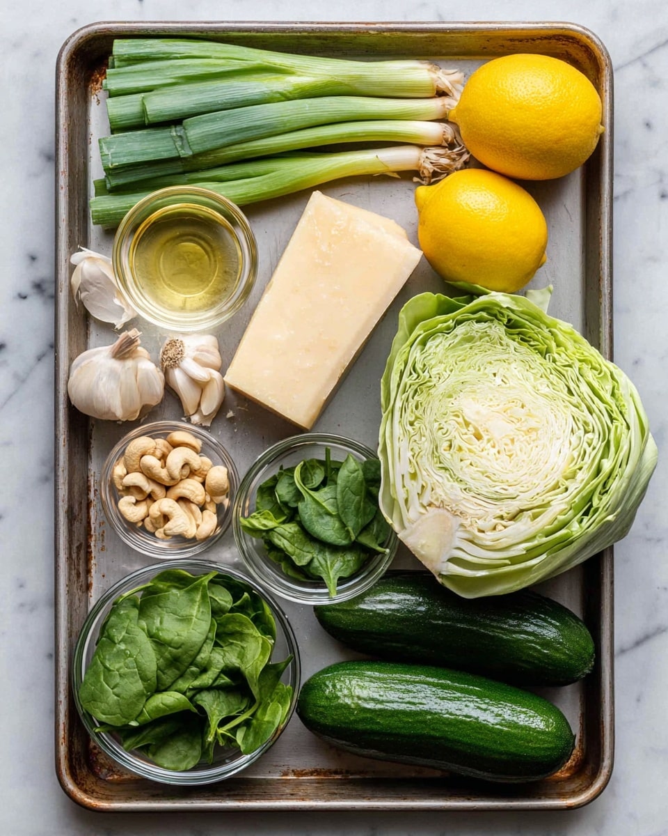 A baking tray is filled with fresh ingredients arranged neatly: at the top, light green spring onions lay horizontally beside two bright yellow lemons; on the right side, there is a large, firm, pale green cabbage half beside three smooth, dark green cucumbers; a large wedge of hard pale yellow cheese sits below the cabbage; in small clear glass bowls, dark green fresh spinach leaves, bright green mixed leafy greens, light beige cashew nuts, a light golden liquid, and a clear liquid are placed along the left side; a shallot and a few garlic cloves are tucked between the bowls, all set on a white marbled surface photo taken with an iphone --ar 4:5 --v 7