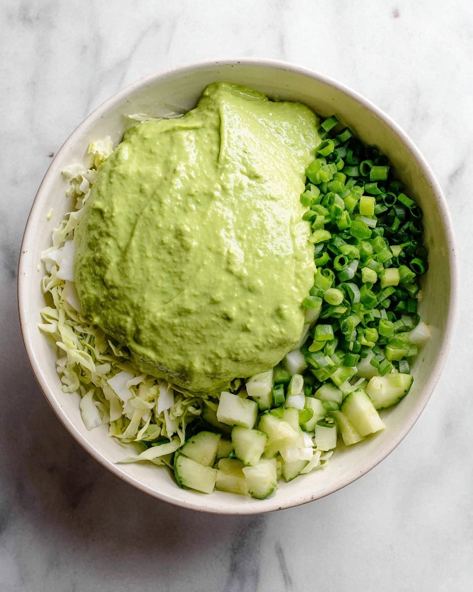 A white bowl sits on a white marbled surface, filled with three visible layers of fresh ingredients. The bottom layer is finely chopped light green cabbage, covering half of the bowl's bottom. The next layer includes small, bright green chopped scallions and pale green chopped cucumbers, grouped on the other half. On top, a thick, creamy green sauce is spread unevenly, covering parts of the vegetables underneath, with a smooth and slightly lumpy texture. photo taken with an iphone --ar 4:5 --v 7