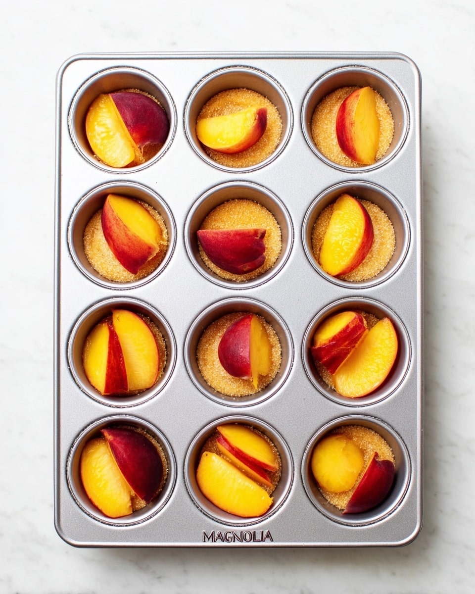 A silver metal muffin tray with nine circular cups is shown from above on a white marbled surface. Each cup contains a bottom layer of light brown sugar with two slices of fresh yellow-orange peach placed on top, arranged to fit neatly within the cup. The peach slices have smooth, shiny textures and their skin is a deep red-orange gradient. The tray itself has the word