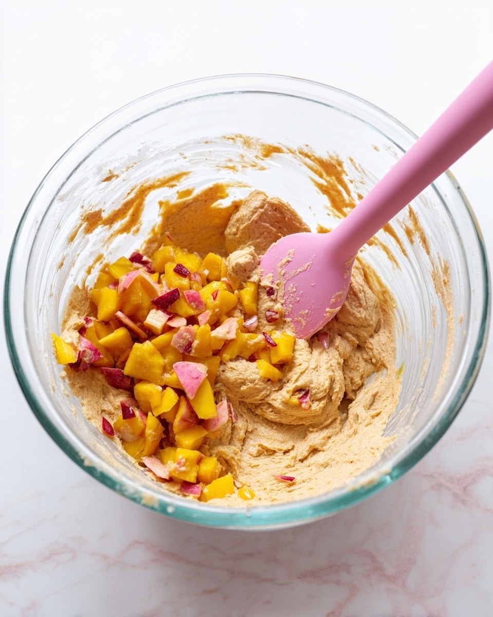 A clear glass mixing bowl sits on a white marbled surface. Inside the bowl, there is a thick, light brown batter with a rough, creamy texture. On top of the batter, there are bright yellow and reddish diced fruit pieces scattered mainly on one side of the bowl. A pink silicone spatula is inserted into the batter, resting against the side of the bowl with its handle extending upward. The bowl's inside edges show some streaks of batter. Photo taken with an iphone --ar 4:5 --v 7