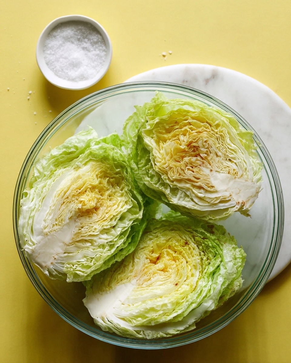 The image shows a clear glass bowl placed on a white marbled surface, filled with three large quarters of cabbage. Each cabbage piece has several layers of leaves, ranging in color from pale yellow in the center to light green at the edges, with a slightly crinkled texture. To the upper left of the bowl, there is a small round white bowl filled with coarse white salt. The background is bright yellow, creating a strong contrast with the white marbled surface and the green cabbage leaves. Photo taken with an iphone --ar 4:5 --v 7