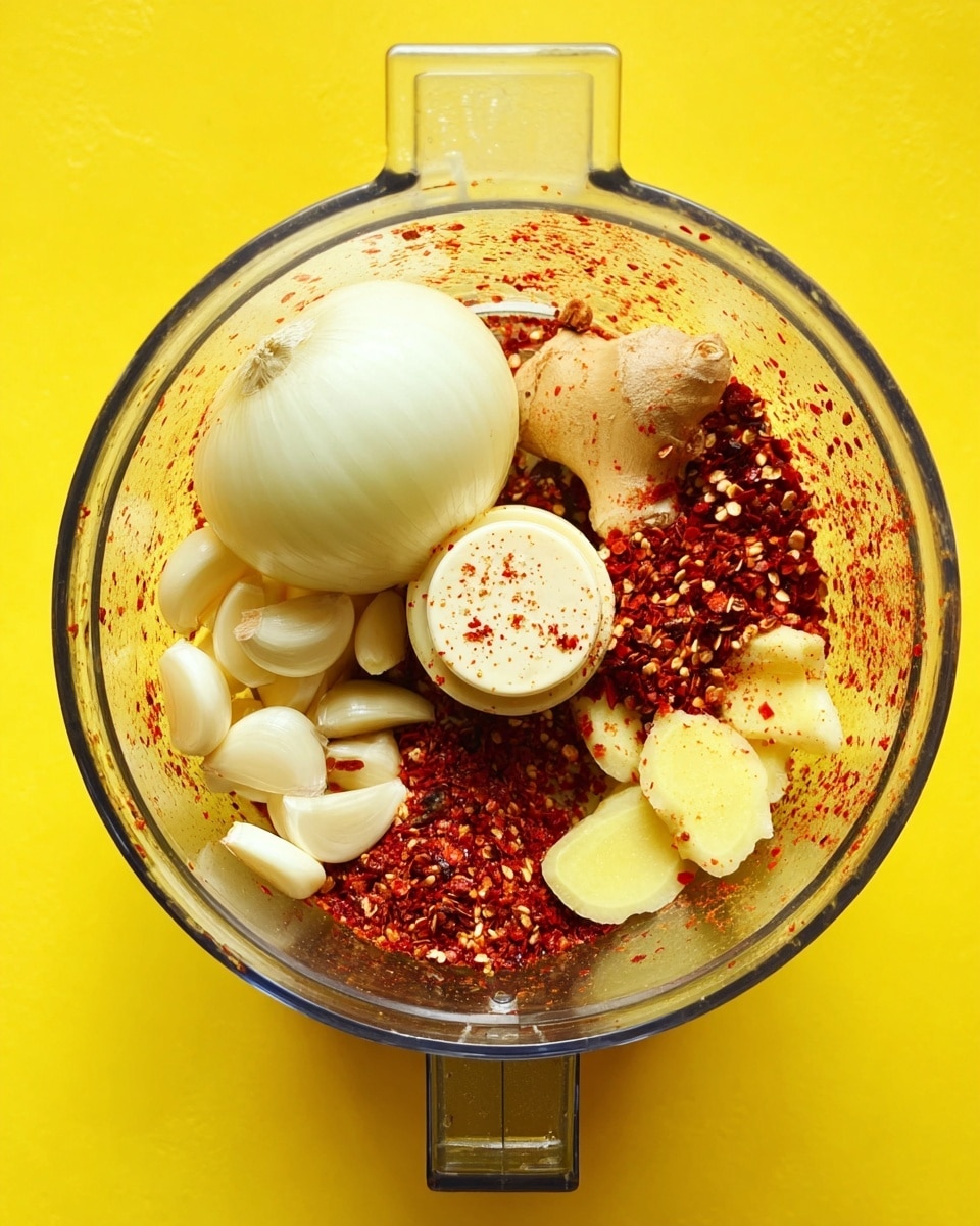 A clear food processor bowl is filled with four main layers of ingredients: on the left, a large pale white onion quarter; on the bottom, several peeled white garlic cloves; on the right, bright red chili flakes scattered thickly; and near the upper right, a few light beige chunks of ginger. The inside of the bowl shows some traces of the red chili flakes dusting the sides. The bowl sits on a bright yellow surface. photo taken with an iphone --ar 4:5 --v 7