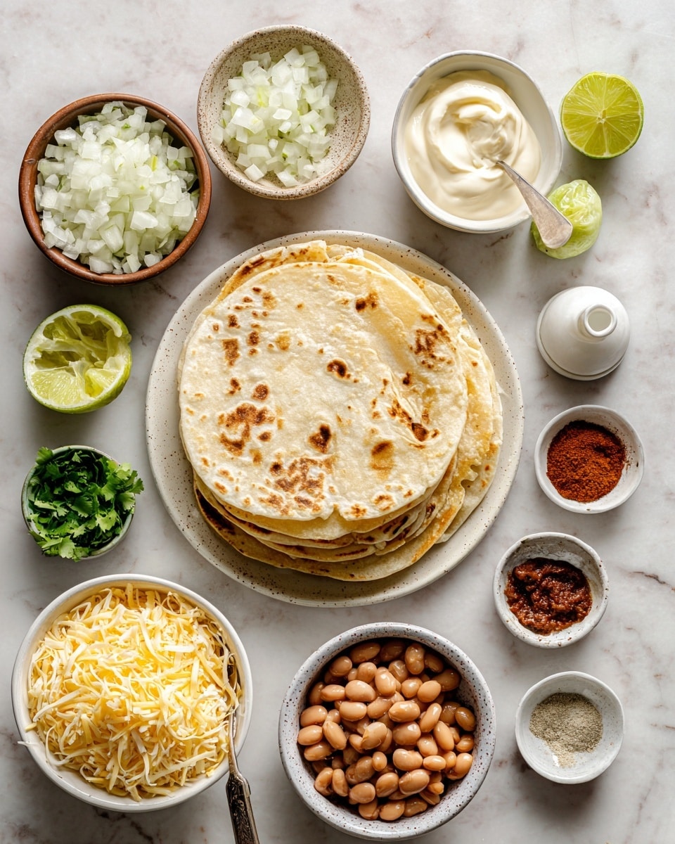 The image shows a flat lay of ingredients on a white marbled surface with a warm, soft light. In the middle, there is a plate with three lightly toasted tortillas stacked, showing light brown spots and a soft texture. Around it, there are small white bowls with different ingredients: finely chopped white onions with a soft, moist look; chopped garlic in a rustic brown bowl; creamy Greek yogurt and smooth, thick mayo both in small white bowls, one with a spoon. There is a halved lime placed next to a bowl of shredded light yellow Pepper Jack cheese with a soft texture. Near the bottom, a white bowl holds shiny, cooked pinto beans with a smooth surface. Small containers hold green chopped cilantro, finely ground light brown spices, fine white garlic powder, and dark reddish chipotles in adobo sauce with a thick, glossy texture. A tiny white container holds clear light oil. The setup is neat and bright with clear labels beside each item for easy identification. Photo taken with an iphone --ar 4:5 --v 7