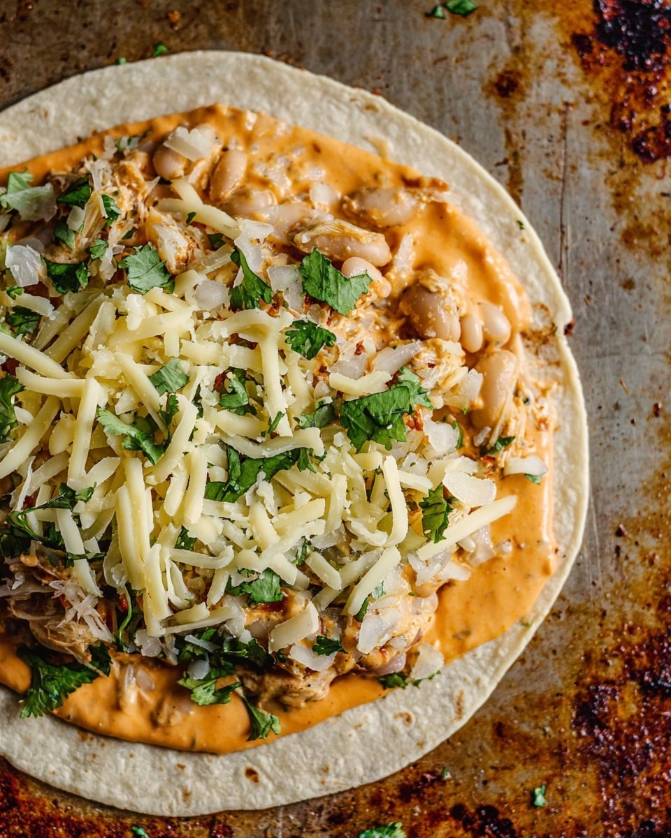 A close-up of a soft tortilla laid flat on a brown, slightly rusty baking sheet with four layers of ingredients visible: the bottom layer is the light beige tortilla, the second is a spread of orange creamy sauce with herbs, the third layer is a mixture of cooked beans and onions with small pieces of fresh green cilantro scattered, and the top layer is shredded pale yellow cheese loosely spread over half the tortilla. The background has a white marbled texture. photo taken with an iphone --ar 4:5 --v 7