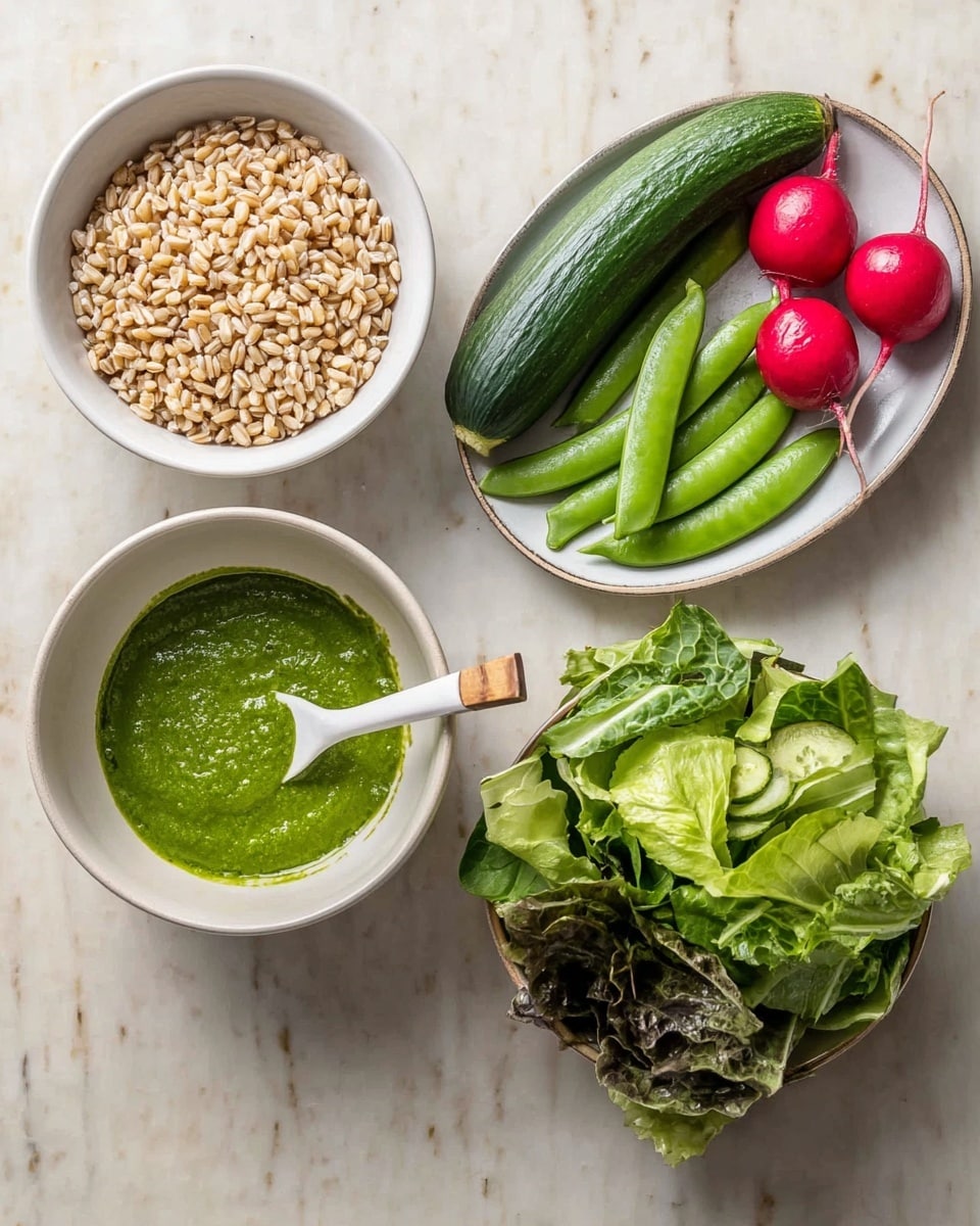 The image shows four white dishes arranged on a white marbled texture surface. The top left bowl contains light brown cooked barley grains, with a slightly soft texture. The top right oval dish holds a dark green cucumber, two bright red radishes, and several fresh sugar snap peas in their green pods. The bottom left bowl holds a vibrant green, creamy dressing with a smooth texture, and a white spoon with a wooden handle resting inside. The bottom right bowl is full of dark and light green torn lettuce leaves with a slightly crinkled texture. Photo taken with an iphone --ar 4:5 --v 7