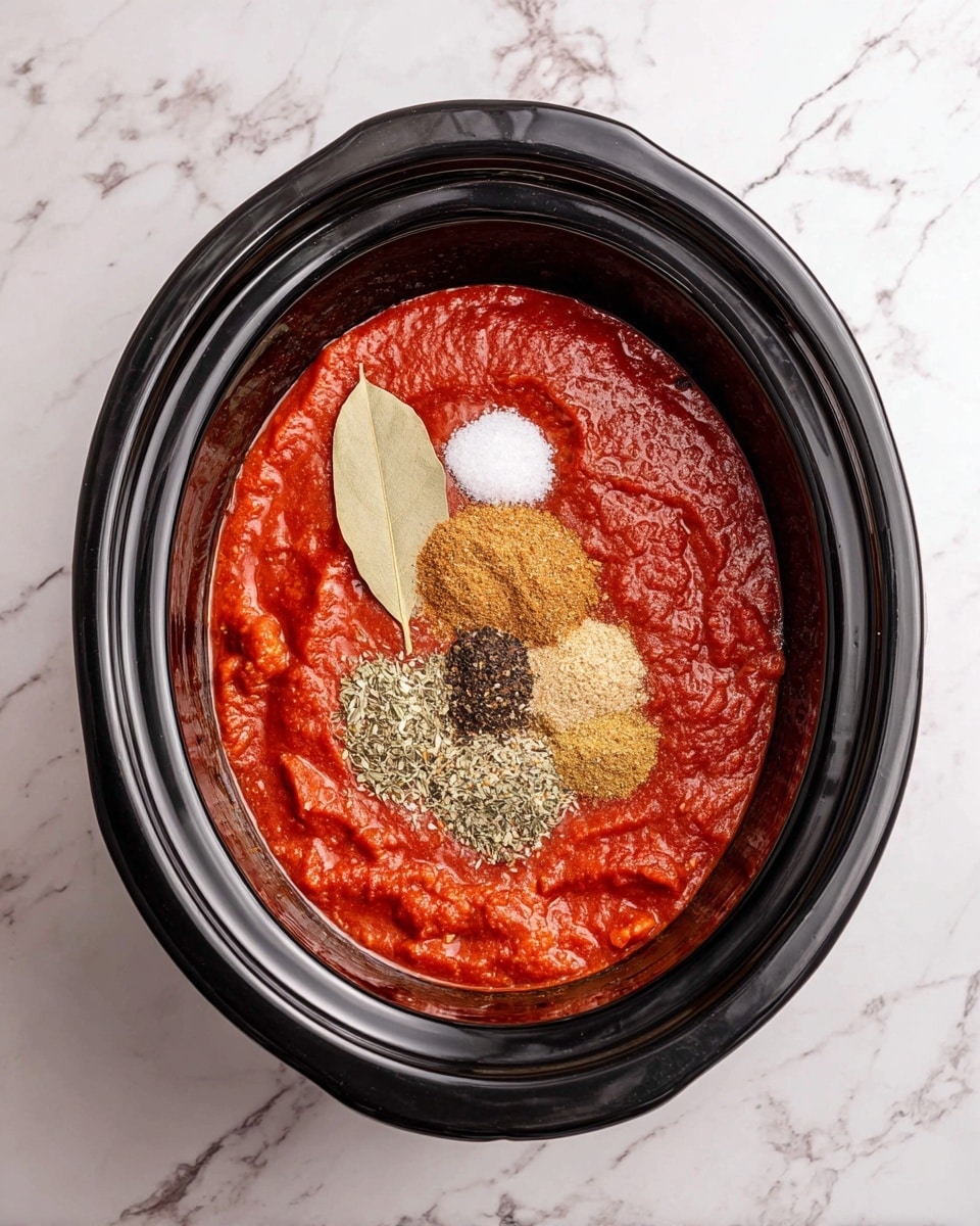 A black slow cooker filled with thick, red tomato sauce as the base layer. On top of the sauce, there are six small piles of spices arranged near the center: a heap of light brown sugar, salt, black pepper, paprika, dried Italian herbs, and a single bay leaf, all sitting neatly on the smooth red surface. The cooker is placed on a white marbled texture surface. photo taken with an iphone --ar 4:5 --v 7