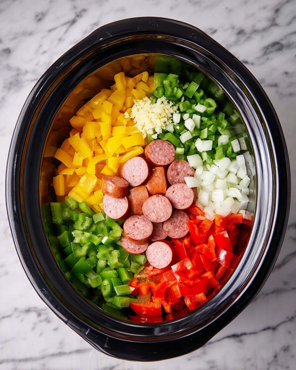 Inside a black slow cooker, there is a mix of six layers of chopped ingredients arranged in sections. In the center are round slices of sausage with a pinkish-brown color. Around the sausage, starting from the top and moving clockwise, there are bright yellow chopped bell peppers, green chopped bell peppers, chopped celery with a light green color, chopped white onion pieces, and chopped red bell peppers with a rich red color. On top of the onion and celery, there is a small pile of finely chopped garlic with a light yellow color. The slow cooker sits on a white marbled surface. photo taken with an iphone --ar 4:5 --v 7