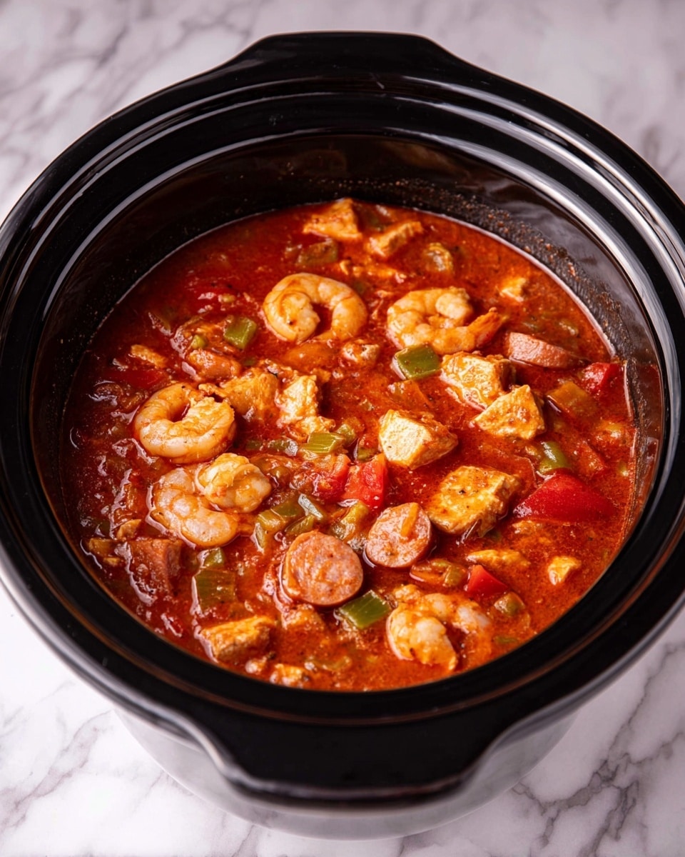 The image shows a black slow cooker filled with a thick, rich red stew. The stew has several visible layers, with the top layer containing pieces of light pink shrimp, round slices of brown sausage, chunks of light tan chicken, and pieces of green celery and red bell pepper scattered throughout a tomato-based sauce. The stew's surface looks slightly glossy with a somewhat chunky texture, and the slow cooker sits on a white marbled surface. photo taken with an iphone --ar 4:5 --v 7