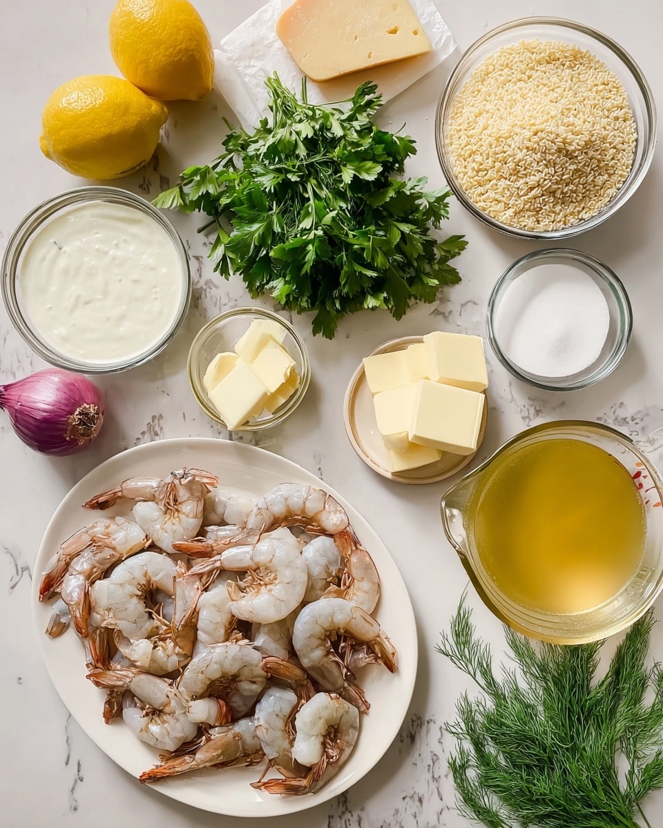 The image shows an overhead view of cooking ingredients placed on a white marbled surface, including a white oval plate full of raw shrimp with their shells and tails on. To the right of the plate, there is a glass measuring cup filled with light golden broth, a small glass bowl of uncooked orzo pasta, and a tiny glass bowl of white flour arranged in a vertical line. Above the shrimp plate, there is a small glass bowl of white cream and another bowl with three square pieces of pale yellow butter. At the top center of the image, there is a bunch of fresh green parsley, standing out with its leafy texture. On the left side, a partially visible block of hard yellow cheese, a halved shallot with purple skin and white inside, and two bright yellow lemons sit close together. At the top left corner, another glass measuring cup holds a white liquid. Near the bottom right, a few sprigs of fresh green dill add extra color. The setting is bright and clean, with all items clearly organized. Photo taken with an iphone --ar 4:5 --v 7