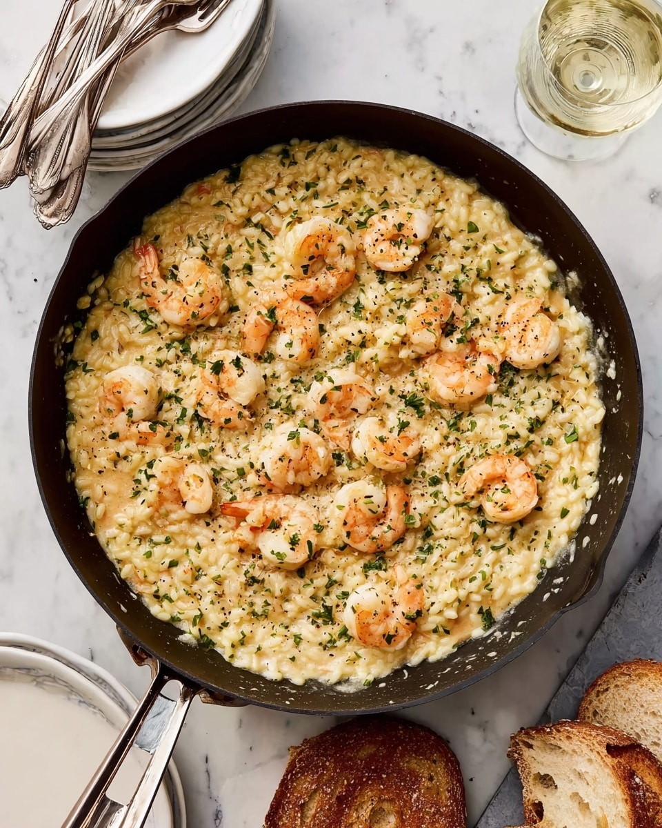 A large black pan filled with creamy risotto made of pale yellow grains mixed with small pieces of white cheese, topped with evenly spread pink shrimp showing light grill marks. The dish is sprinkled with green herbs and black pepper, adding contrast over the creamy base. The pan rests on a white marbled surface, next to torn pieces of brown bread on the lower right and a glass of white wine on the lower left. Near the top left corner, there are stacked white plates with silver forks on top, arranged neatly. photo taken with an iphone --ar 4:5 --v 7
