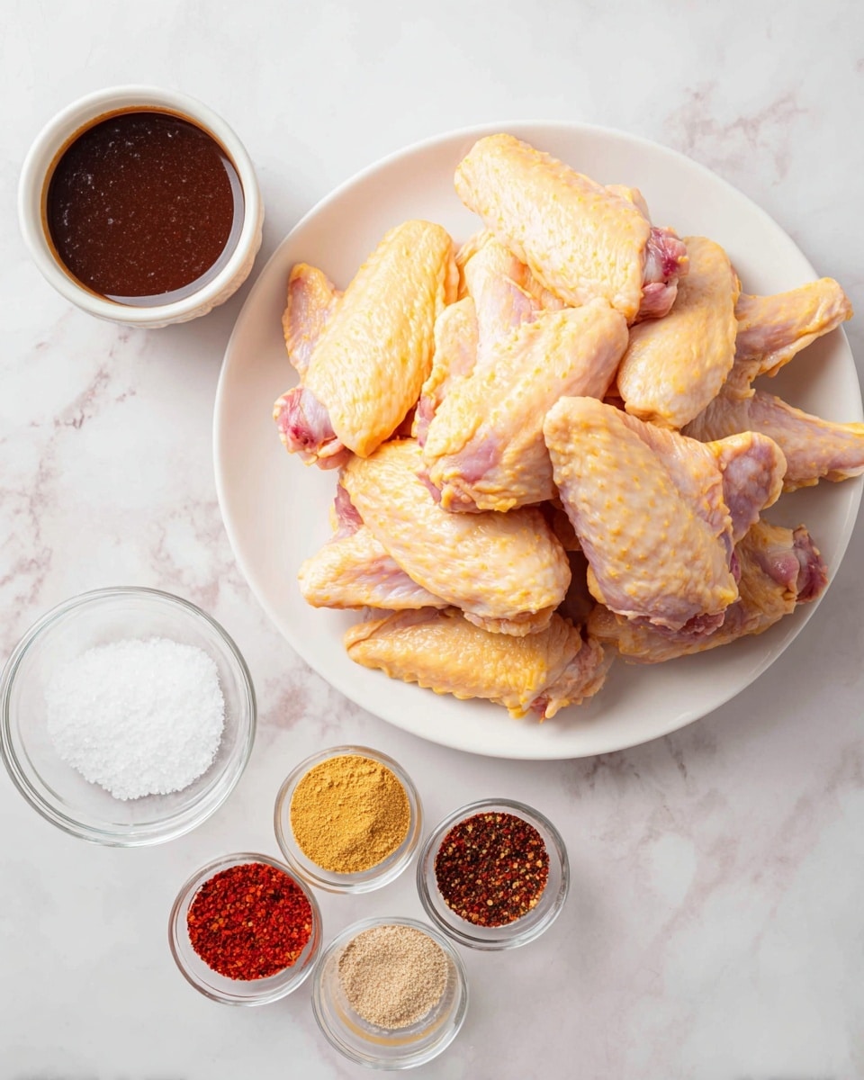 A white plate filled with a pile of raw chicken wings that are pale yellow with some pink and red details showing skin texture and bone tips, placed on a white marbled surface; below it to the left is a small white bowl with thick dark brown sauce; below to the right of the wings is a small clear glass bowl with white coarse salt; next to it on the left is a small white bowl divided into six sections, each holding a different dry seasoning powder or flakes in colors light beige, yellow, dark gray, red, light brown, and red chili flakes, all arranged neatly in the bowl photo taken with an iphone --ar 4:5 --v 7
