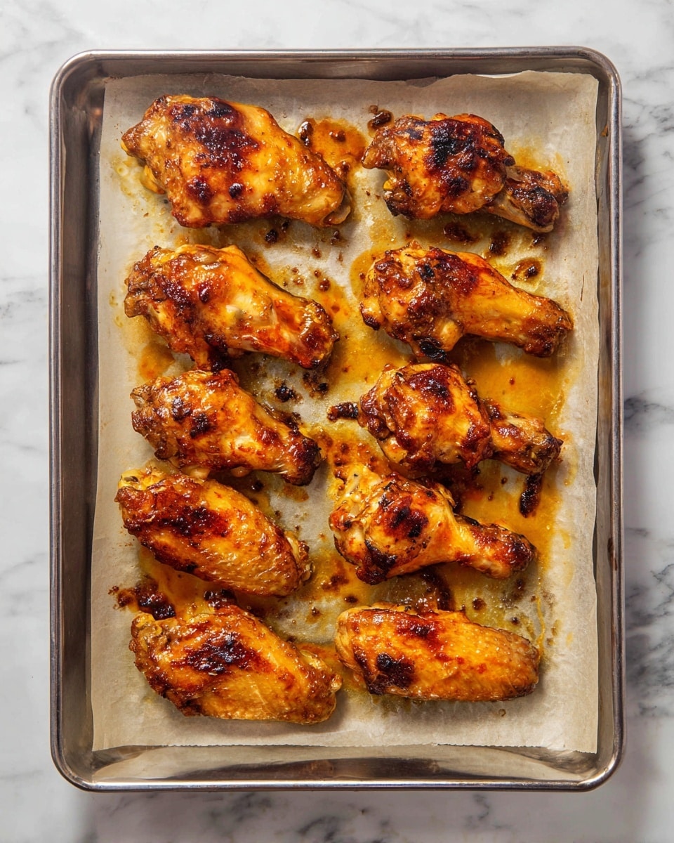 A metal baking tray lined with slightly browned parchment paper holds twelve pieces of cooked chicken wings arranged in a grid of three rows and four columns. Each chicken wing is coated with a shiny, golden-orange sauce that has darker caramelized spots from roasting. Juices and small burnt bits surround the wings, pooling on the parchment paper, adding a moist texture to the scene. The tray is set on a white marbled surface, emphasizing the warm colors of the chicken. photo taken with an iphone --ar 4:5 --v 7