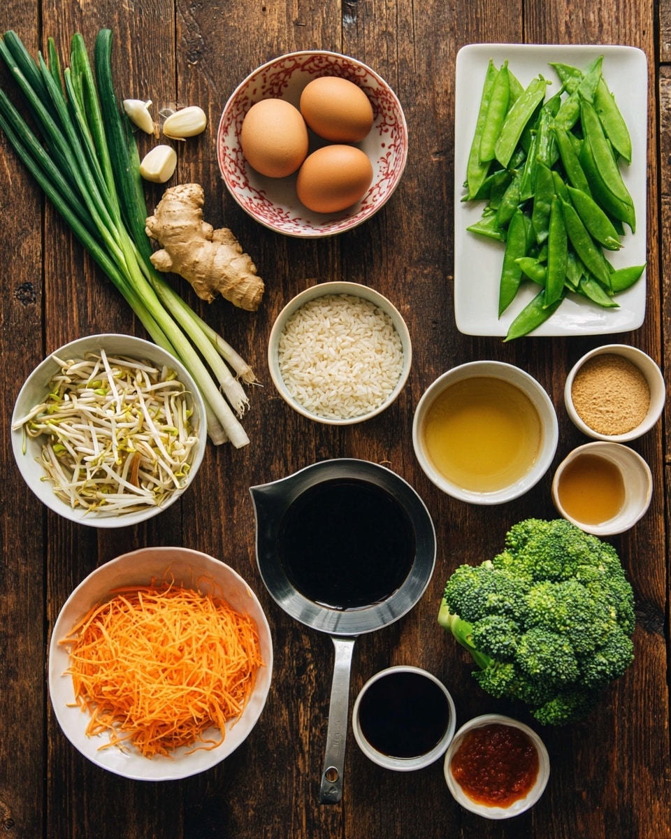 The image shows an overhead view of multiple small dishes and fresh ingredients arranged neatly on a dark wooden surface. At the top left, there is fresh green ginger root and long green onions. Next to these, two brown eggs lie in a small white bowl with a red patterned bottom. Below, a white bowl holds bean sprouts, and next to it is a small beige bowl with four cloves of garlic. To the right, a white rectangular dish contains fresh, bright green snap peas. In the center, a metal measuring cup is filled with uncooked white rice. Below that, a white bowl holds shredded orange carrots, and to its left are fresh green broccoli stalks. On the right side, a black cup holds dark soy sauce, and near that are a small beige bowl of golden brown sugar, a small beige cup with red chili paste, and three more small bowls with light brown, golden yellow, and light green liquids. Photo taken with an iphone --ar 4:5 --v 7