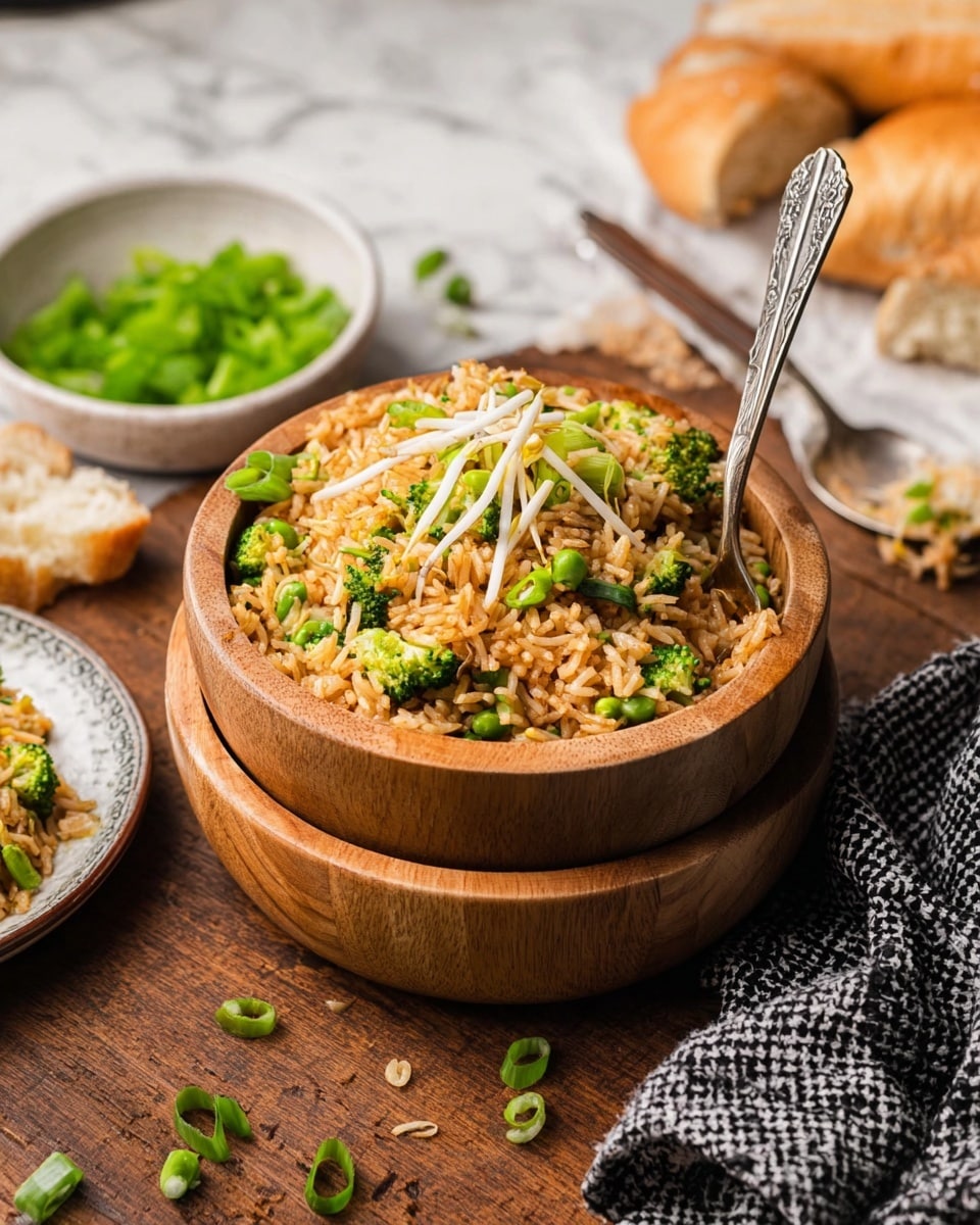 A wooden bowl filled with a serving of fried rice stacked on top of a similar empty wooden bowl. The fried rice has three visible layers of ingredients: a base of light brown rice mixed with small pieces of green broccoli and snow peas, a layer of thin light yellow bean sprouts, and some sliced green onions scattered on top. A silver spoon is placed inside the bowl, resting on the right side with some rice on it. Nearby is a white bowl with chopped green onions, a piece of bread on a small white plate with a black pattern, and a black and white checkered cloth on a brown wooden surface beneath, which contrasts with the white marbled background. photo taken with an iphone --ar 4:5 --v 7