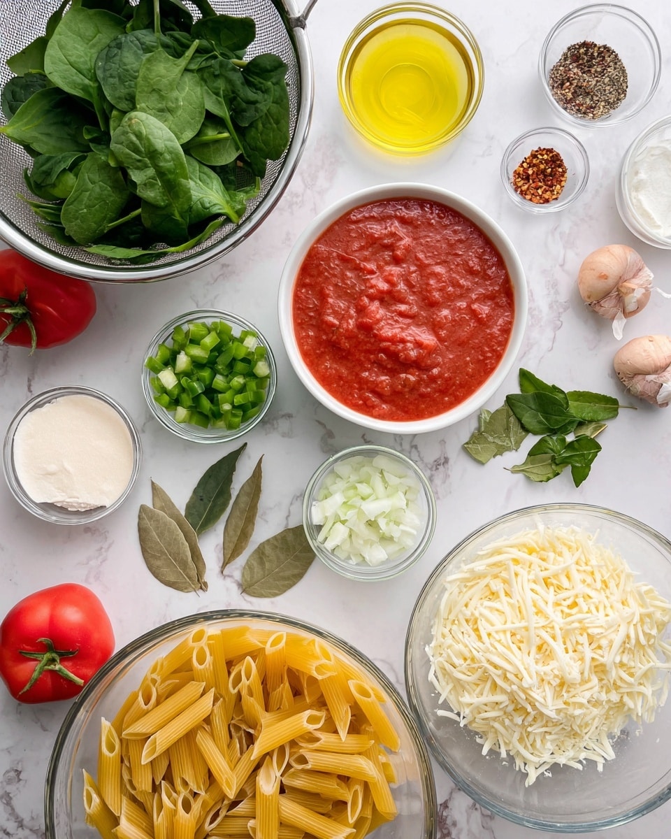 A top view shows clear glass bowls and one white bowl arranged on a white marbled surface holding ingredients for a pasta dish. Starting from the top left, a silver colander contains fresh green spinach leaves. Next to it, a small clear glass bowl holds light yellow oil. At the top right in a white bowl is a thick red tomato sauce with some texture on top. Near the middle, a small glass bowl contains diced green bell peppers, while another small glass bowl holds finely chopped white onions below it. A medium glass bowl full of shredded white cheese sits near the bottom right. Towards the bottom left, another large glass bowl contains uncooked yellow penne pasta. Scattered on the surface are some dried herbs, bay leaves, salt, pepper, red pepper flakes in a small bowl, along with some whole tomatoes, garlic cloves, cream, and parsley sprigs. The image is bright and clean with all ingredients laid out neatly. Photo taken with an iphone --ar 4:5 --v 7