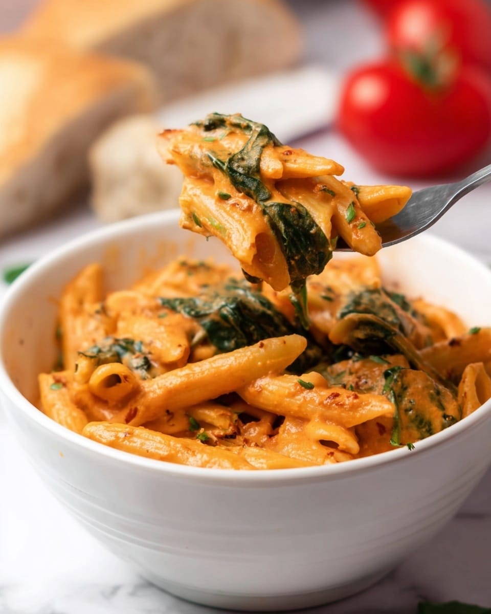 A white bowl filled with creamy orange pasta, showing three main layers: the bottom layer of short penne pasta, the middle covered in a thick, smooth orange sauce with bits of herbs, and the top sprinkled with cooked dark green leafy spinach. A silver fork lifts a portion with pasta and spinach from the bowl. The bowl is placed on a white marbled surface with some whole red tomatoes and a piece of bread blurred in the background. Photo taken with an iphone --ar 4:5 --v 7