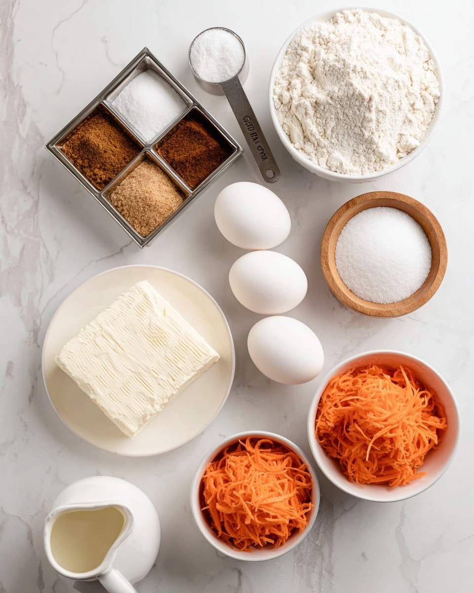 The image shows a white marbled surface with a layout of baking ingredients in white bowls and plates. There is a block of smooth cream cheese on a white plate in the lower left corner. Next to it, a small white bowl contains three white eggs. Above the eggs is a white bowl filled with fine white flour with a slightly rough texture on top. On the bottom right, a white bowl is filled with bright orange shredded carrots. To the left of the carrots is a white bowl with powdered sugar that looks soft and fine. A metal measuring cup filled with light brown sugar with a grainy texture sits above the powdered sugar. At the top left, a shiny metal square dish holds a mix of brown spices including cinnamon and nutmeg. Near the center is a small wooden bowl with salt, and next to it, a white pitcher with a creamy liquid, all arranged on the white marbled surface. Photo taken with an iphone --ar 4:5 --v 7
