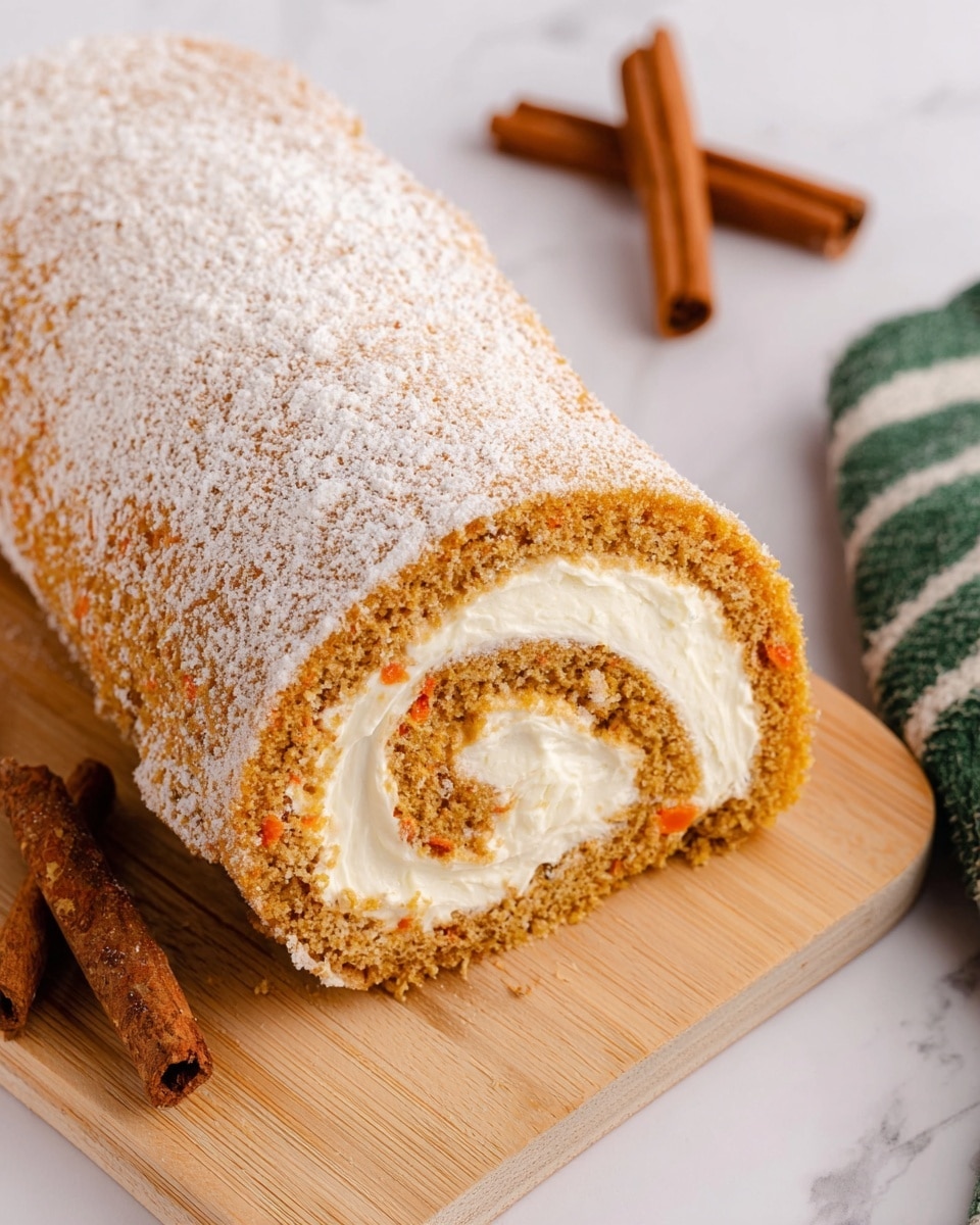 The image shows a close-up of a carrot roll cake with two visible layers: the outer layer is a light brown carrot sponge cake with soft textures and small orange carrot bits, and the inner layer is creamy white frosting that is thick and smooth, spiraled inside the roll. The top of the roll cake is lightly dusted with powdered sugar. The roll cake is set on a light wooden board, placed on a white marbled surface, with two cinnamon sticks in the background and a green striped cloth to the side. photo taken with an iphone --ar 4:5 --v 7