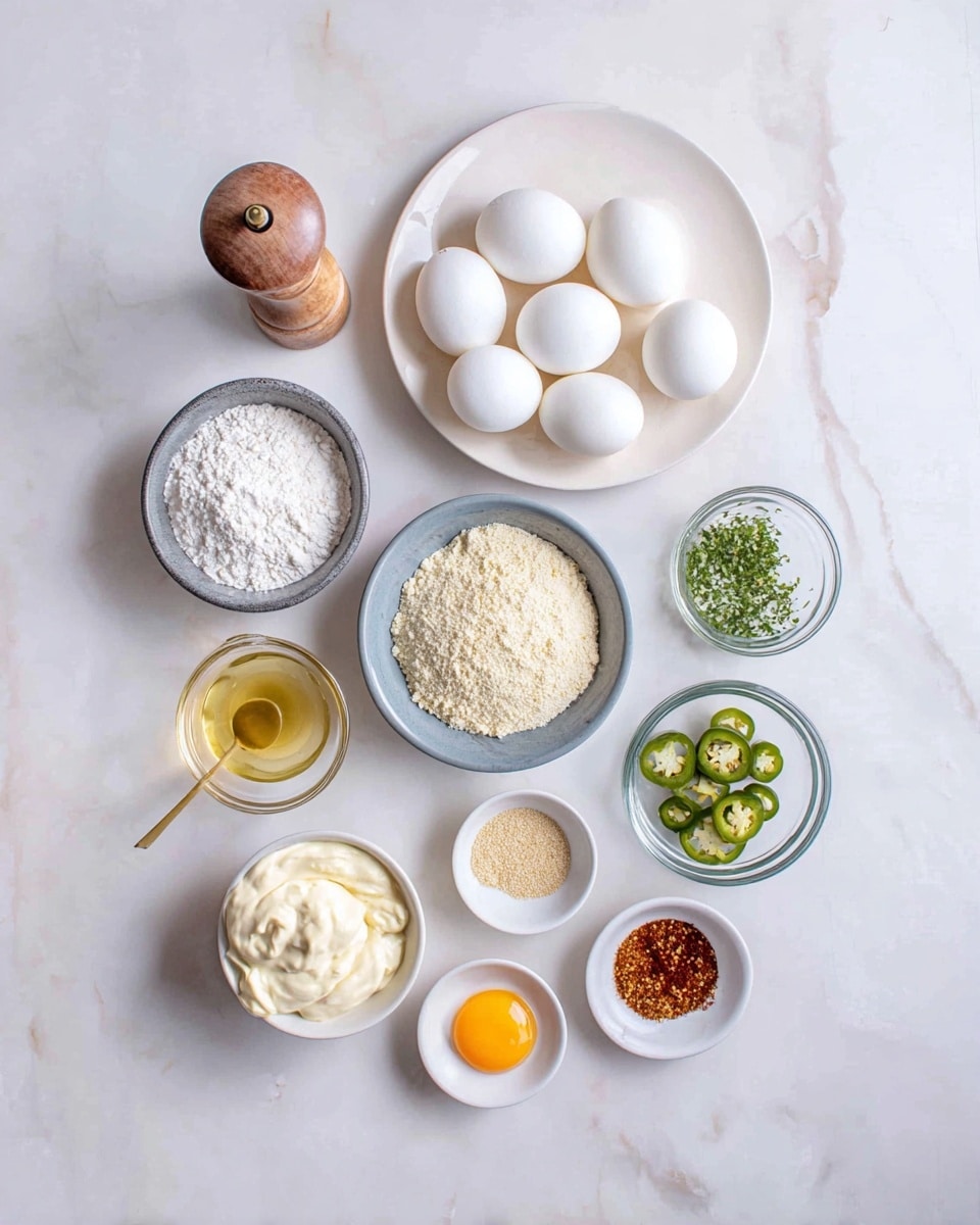 A top view of various cooking ingredients arranged on a white marbled surface. On the right at the top is a white plate with six peeled hard-boiled white eggs. Below the eggs is a gray bowl filled with white powder, likely flour. To the right of the flour is a small white bowl with chopped green herbs. Below and to the right is a small glass bowl holding sliced green jalapeños. To the left of the jalapeños is a small white bowl with light brown mustard. Near the bottom left is a glass bowl of creamy white mayonnaise. Above the mayonnaise is a small white bowl filled with light tan breadcrumbs. In the center is a small glass bowl with a raw egg yolk inside. Just left of the yolk is a clear measuring cup with light yellow oil. Near the top center is a small white container holding salt with a gold spoon resting inside it, next to a wooden pepper grinder. In the middle near the bottom is a small white bowl with reddish-brown seasoning. photo taken with an iphone --ar 4:5 --v 7
