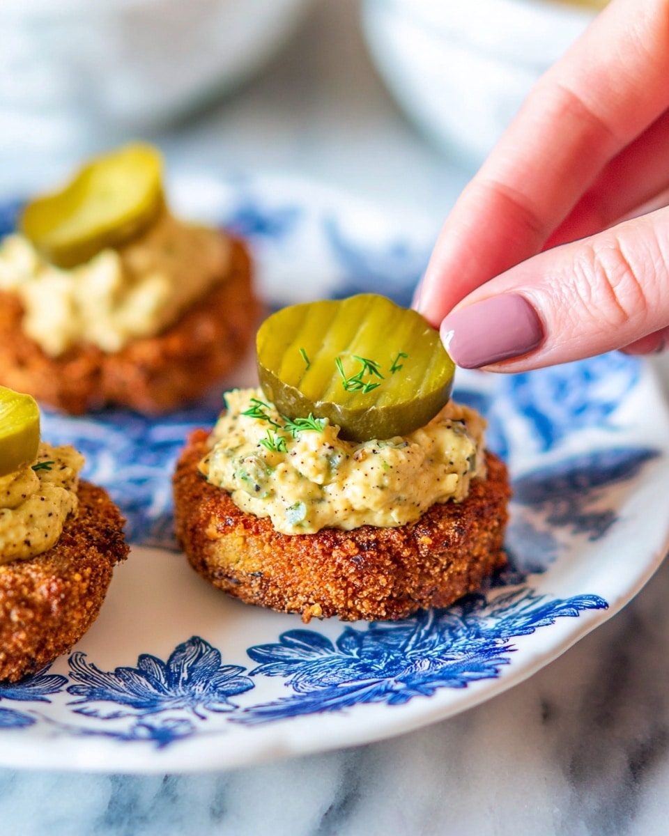 A close-up view of three small round crispy brown patties placed on a white plate with blue flower patterns. Each patty is topped with a thick, creamy light yellow spread dusted with black pepper and small green herb pieces. On top of the spread rests a single green pickle slice with visible seeds, positioned upright. A woman's hand with light pink nail polish is holding the patty closest to the camera, slightly lifting it. The background consists of a blurred white marbled surface with hints of white bowls. photo taken with an iphone --ar 4:5 --v 7