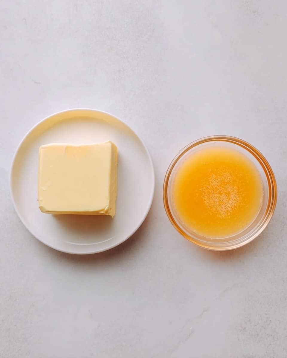 The image shows two white round dishes placed on a white marbled surface. The dish on the left holds a thick, pale yellow block of butter with smooth edges. The dish on the right contains a light orange-yellow liquid with a slightly textured surface, visible through the transparent sides of the bowl. photo taken with an iphone --ar 4:5 --v 7