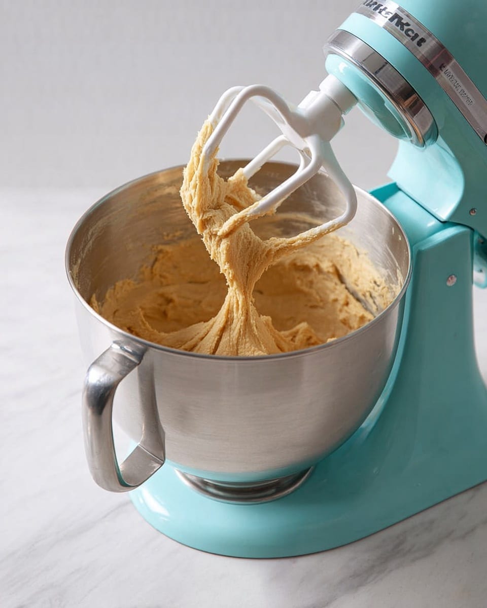 A shiny silver mixing bowl attached to a light blue stand mixer filled halfway with smooth, light brown dough that has a creamy and thick texture. The dough is sticking to a white paddle attachment raised slightly above the surface of the dough, showing strands stretching down back into the bowl. The whole setup is placed on a white marbled surface, with soft natural light making the dough look fresh and fluffy. Photo taken with an iphone --ar 4:5 --v 7
