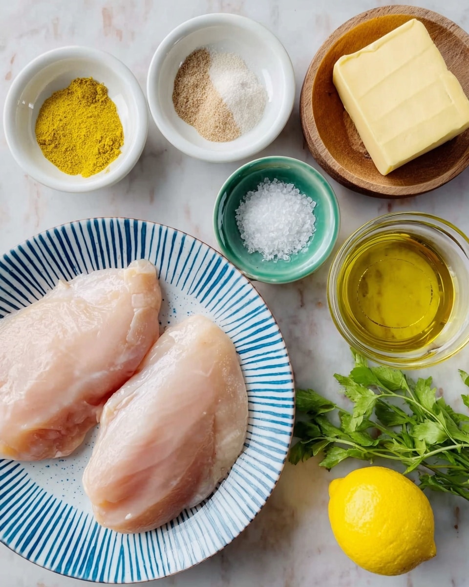 Two raw chicken pieces with a pale pink color and smooth texture lie on a white plate with blue stripes. Surrounding the plate are small white bowls with different ingredients: a yellow powder in one, white salt in another, and a light brown powder in a green bowl. To the right, a small wooden bowl holds coarse salt. There's a clear glass bowl with a solid block of yellow butter and another with a clear golden liquid, probably oil. On the bottom right is a bright yellow lemon, and fresh green herbs are placed nearby. All of this is set on a white marbled textured surface. photo taken with an iphone --ar 4:5 --v 7