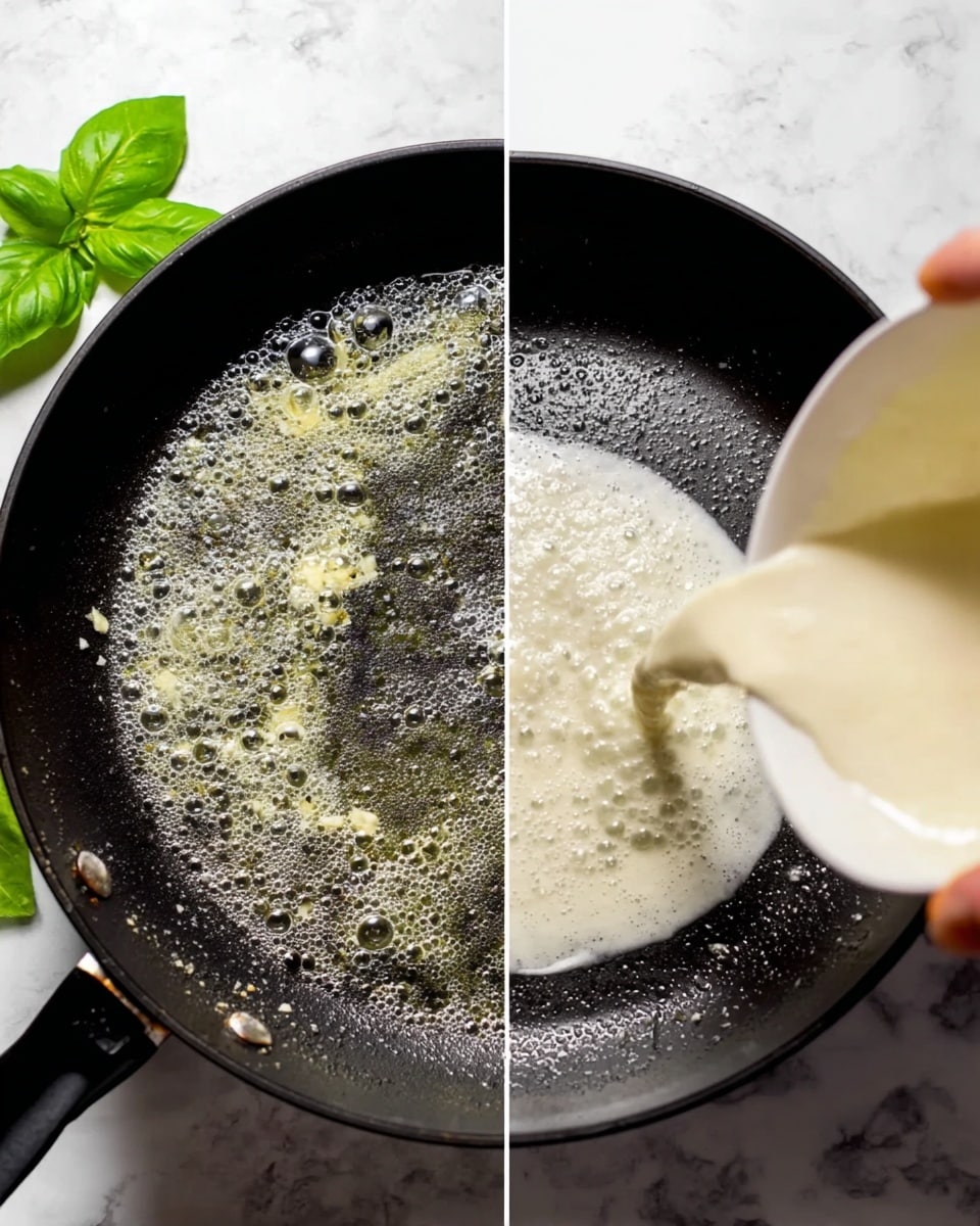 The image shows two steps of cooking in a black frying pan. On the left side, the pan has bubbling oil with small bits, likely garlic, frying. Around the pan, there are a few green basil leaves on the white marbled surface. On the right side, a woman's hand is pouring a light cream-colored batter or mixture from a white bowl into the same pan, with bubbles on the surface of the oil beneath. The background is a white marbled texture. photo taken with an iphone --ar 4:5 --v 7