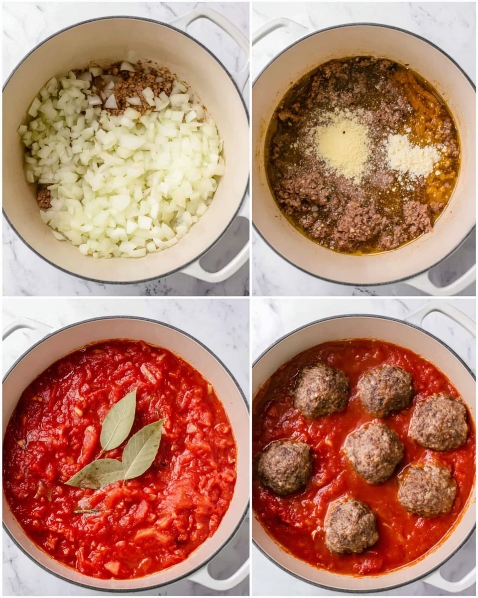The four images show a cooking process inside a white pot placed on a white marbled surface. The first image shows chopped white onions on one side of the pot with browned bits stuck to the bottom. In the second image, the onions have turned golden brown and are mixed with minced garlic that is placed in the center. The third image shows bright red tomato sauce with chunks, covering the bottom and sides of the pot, topped with two green bay leaves in the middle. The last image shows several browned meatballs cooking in the tomato sauce, floating on top with some sauce showing between them. photo taken with an iphone --ar 4:5 --v 7