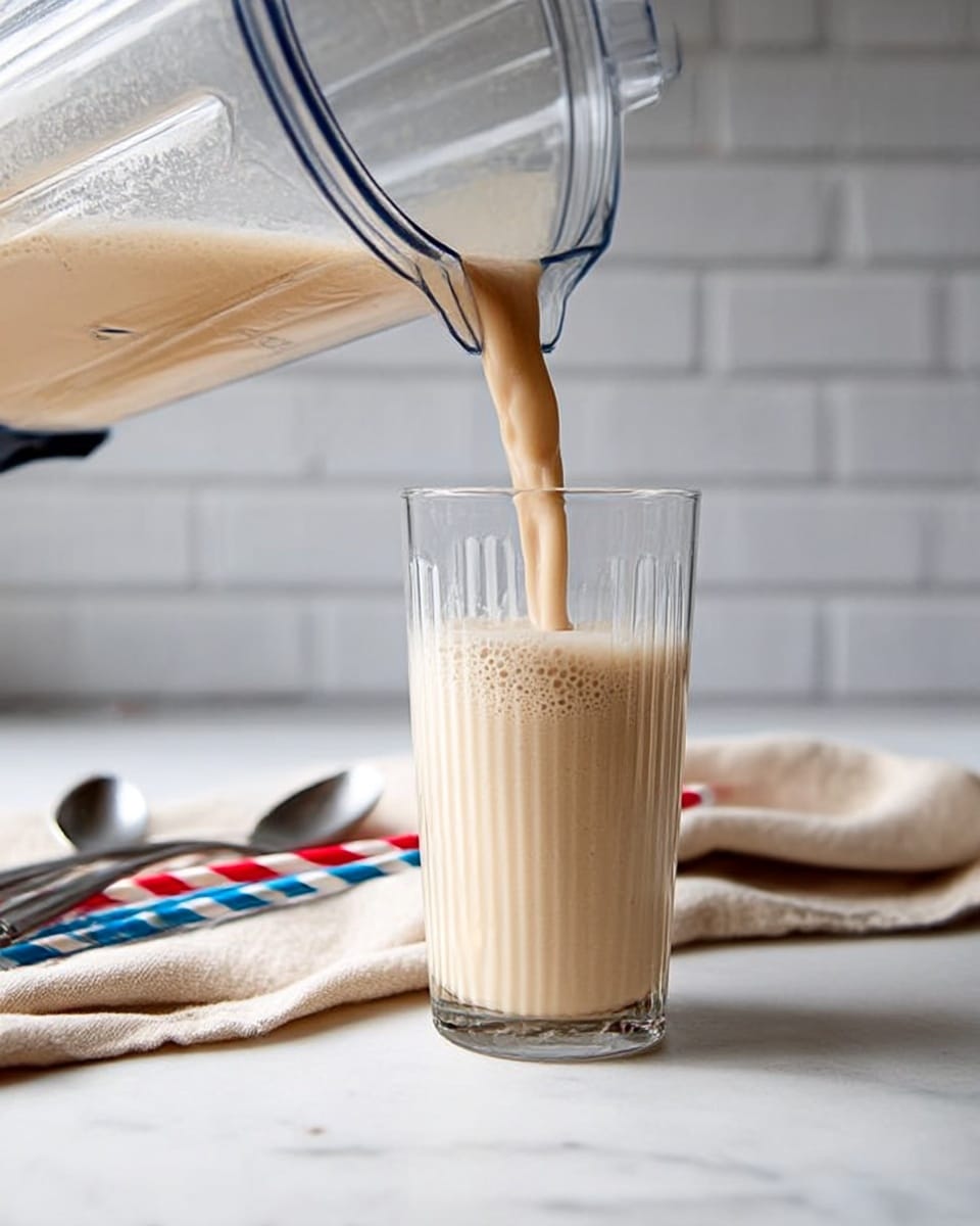 A clear tall glass on a white marbled surface is being filled with a light tan smoothie poured from a clear blender container. The smoothie looks creamy with a smooth texture and small frothy bubbles on top. Next to the glass, there is a beige cloth with two striped red and blue straws and some metal spoons resting on it. The background is a simple light grey brick wall. photo taken with an iphone --ar 4:5 --v 7