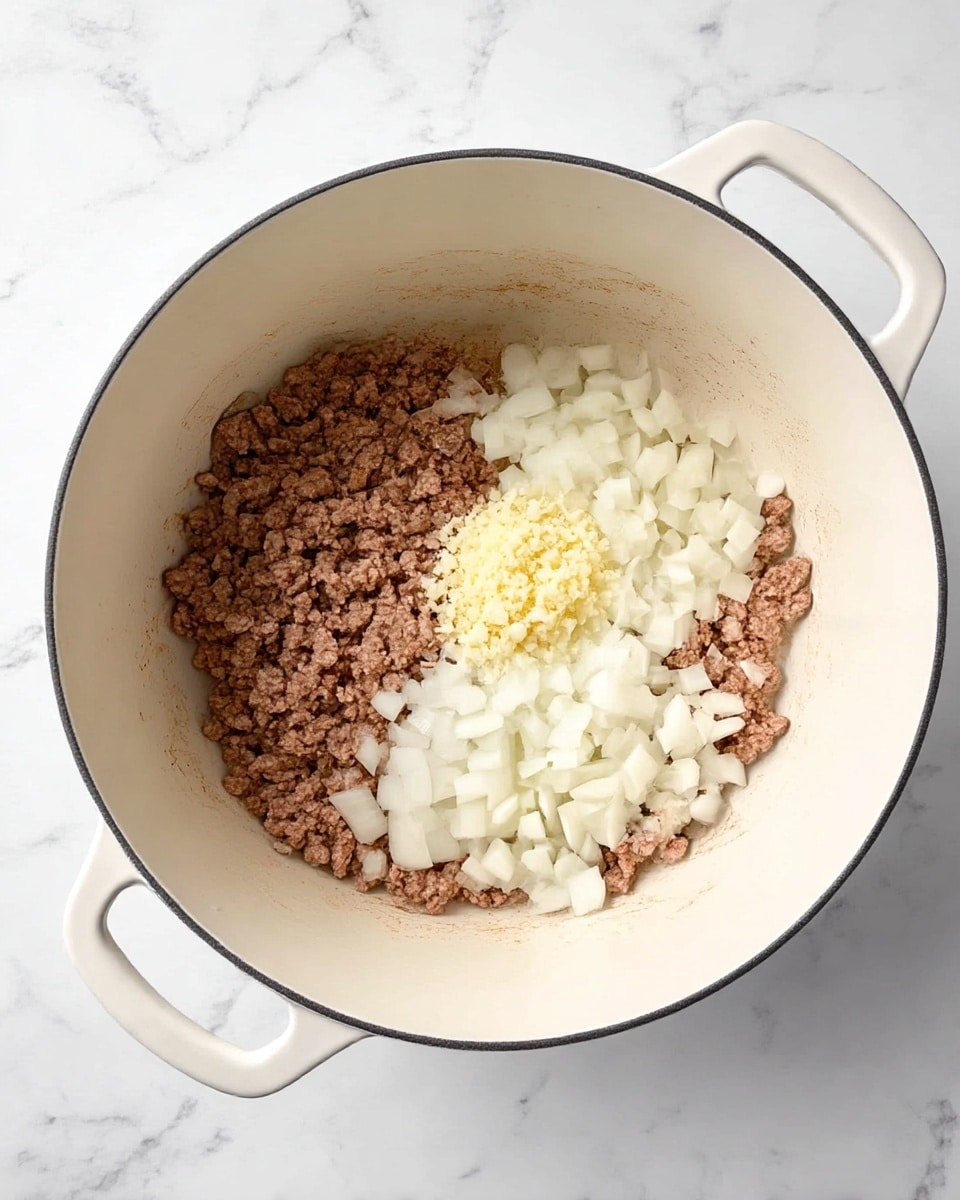 A top view of a white pot on a white marbled surface with three visible layers inside: a layer of brown cooked ground meat at the bottom, a layer of chopped white onions covering about half of the meat on the top right side, and a small pile of finely minced pale yellow garlic placed on top of the meat near the center. The pot has two handles and is clean with a slightly worn interior. photo taken with an iphone --ar 4:5 --v 7