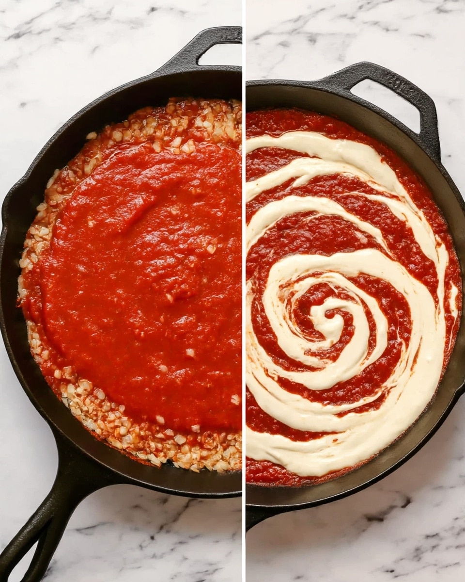 The image shows two side-by-side photos of a cast iron pan on a white marbled surface. The first photo features a thick layer of bright red tomato sauce mixed with finely chopped light brown onions inside the black pan. The sauce is mostly centered and smooth with visible small onion pieces around it. In the second photo, the same pan contains the same tomato sauce base, but now a thick spiral of creamy white sauce swirls on top, blending slightly with the red sauce beneath. The colors contrast well: deep red, creamy white, and dark black of the pan, all sitting on a white marbled background. Photo taken with an iphone --ar 4:5 --v 7