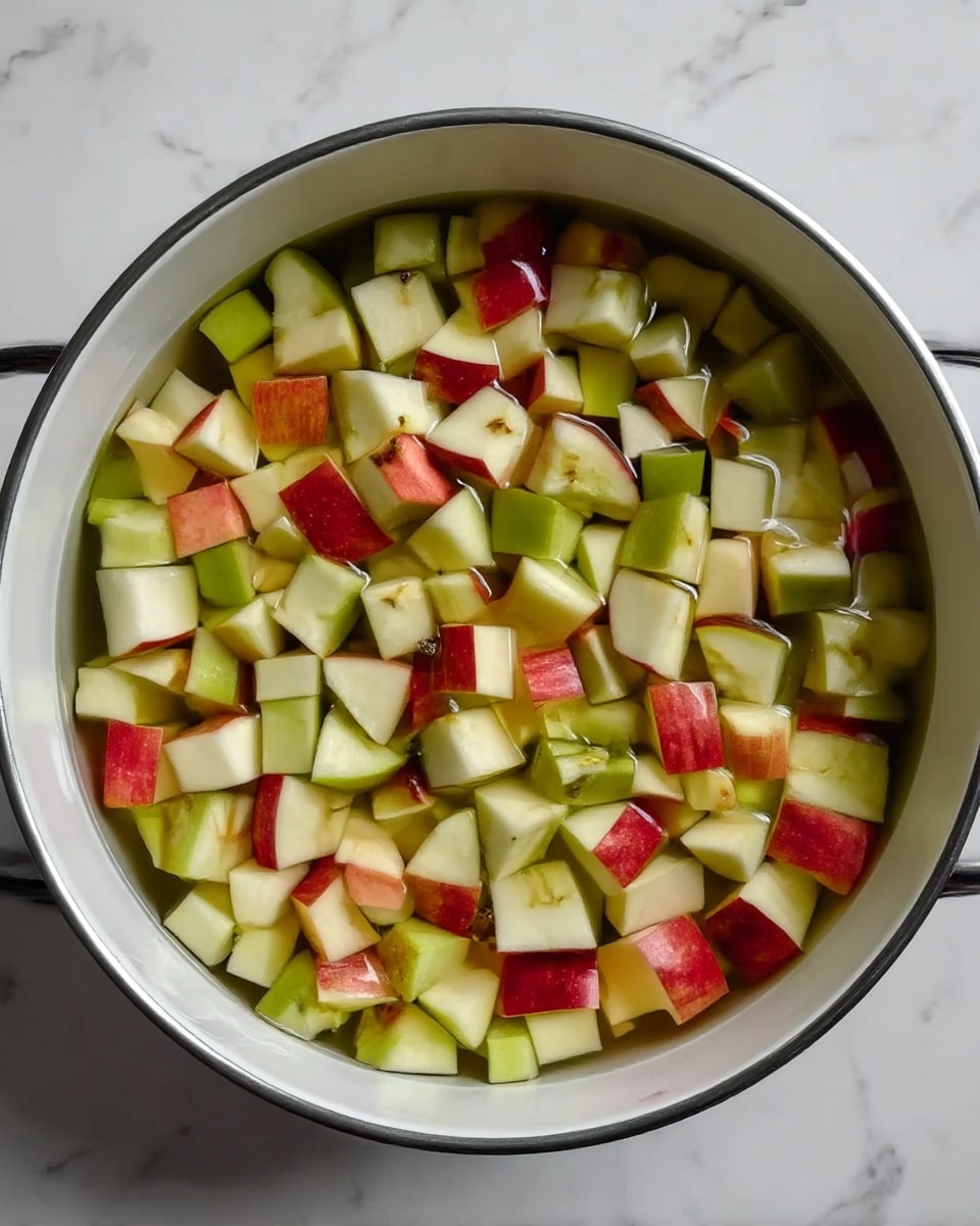 A large white pot filled with many small cubes of apple, some pieces with red and green skin and others fully peeled, all soaked in water, sitting on a white marbled surface photo taken with an iphone --ar 4:5 --v 7