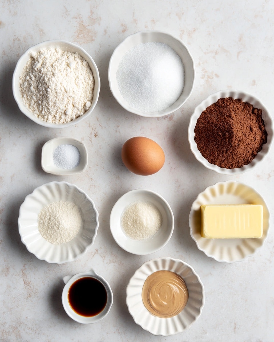 Nine white dishes are arranged on a white marbled surface. The top row has three dishes: the left one holds white flour with a slightly rough texture, the middle one contains fine white sugar, and the right one is filled with brown cocoa powder that looks smooth and soft. The middle row has three dishes as well: the left one has a small amount of white salt, the center holds a single brown egg with a smooth shell, and the right one contains a solid rectangular block of light yellow butter on a fluted dish. The bottom row has three small dishes: the leftmost dish holds a dark brown liquid vanilla extract, and the right dish contains a smooth light brown creamy substance. The overall look is clean and organized with a soft even light. Photo taken with an iphone --ar 4:5 --v 7