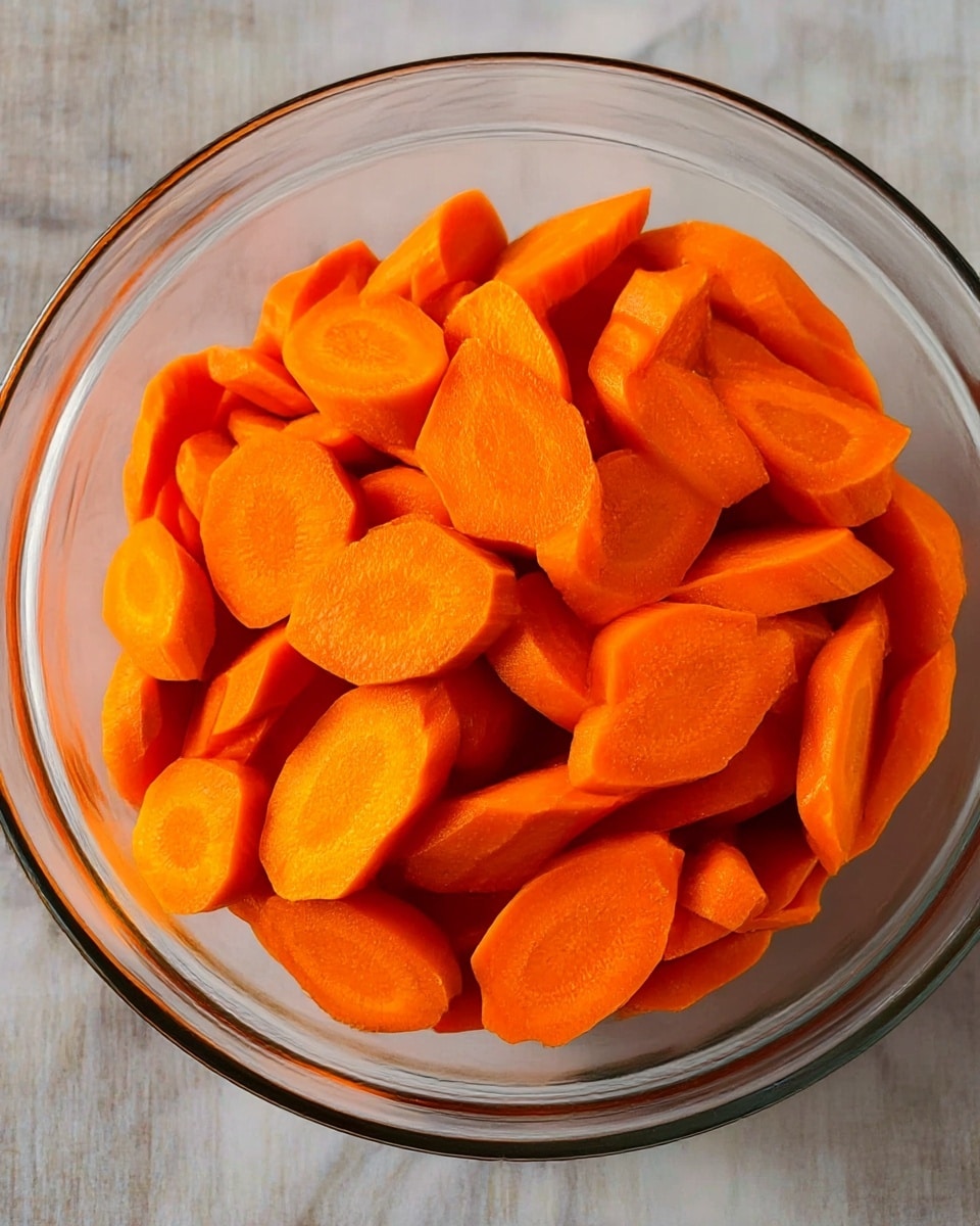 A clear glass bowl filled with many bright orange carrot slices, each slice cut into thick, oval shapes showing their smooth, vibrant texture, the bowl placed on a white marbled surface that contrasts with the rich orange color of the carrots, no other items or layers visible in the image photo taken with an iphone --ar 4:5 --v 7