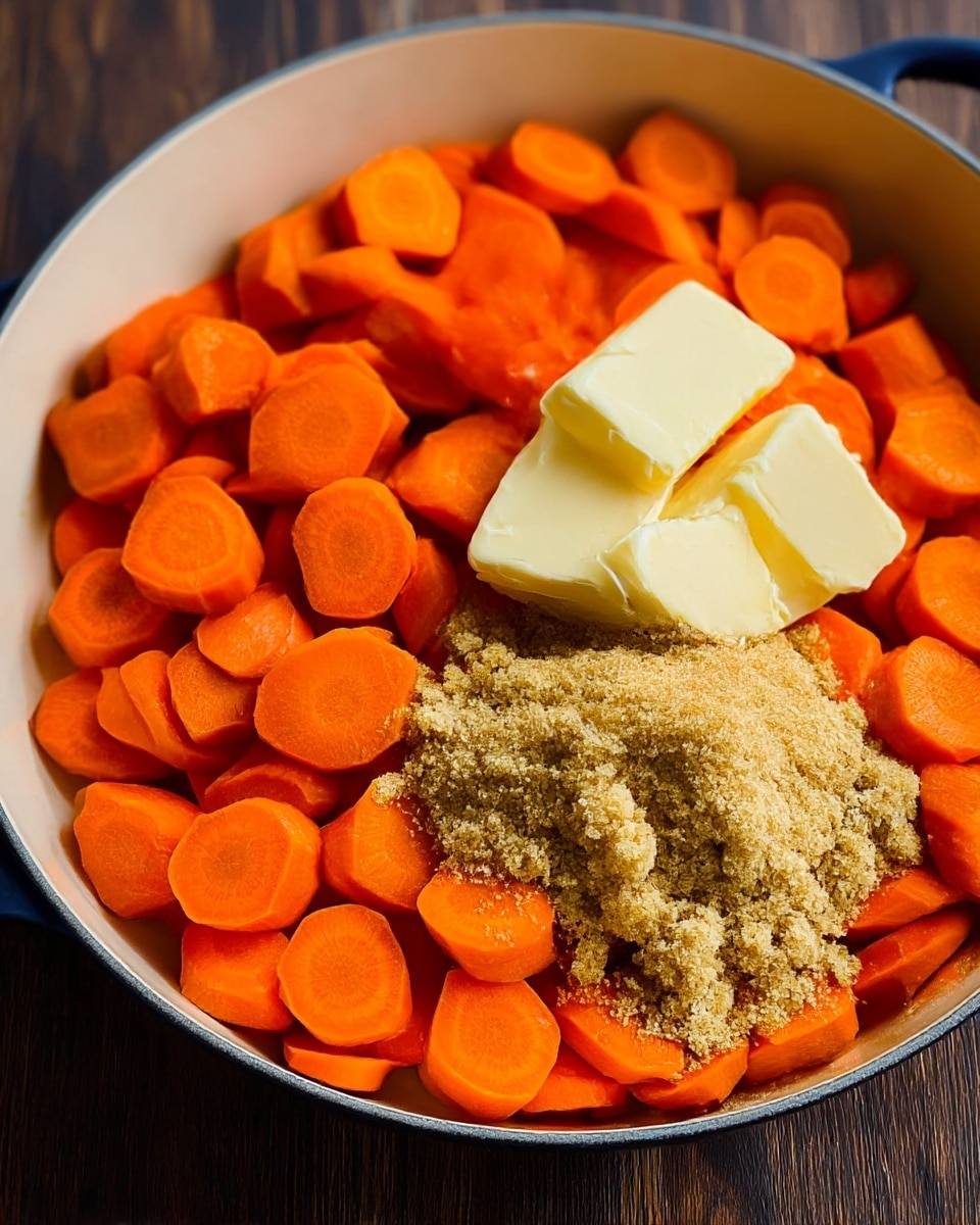 The image shows a white pan filled with many bright orange carrot slices, cut into medium thick rounds, covering the whole bottom of the pan. On top of the carrots, there are three rectangular pieces of pale yellow butter and a pile of light brown sugar sitting right next to the butter. The texture of the brown sugar looks soft and crumbly. The pan is placed on a dark wooden surface that is visible around the edges. photo taken with an iphone --ar 4:5 --v 7