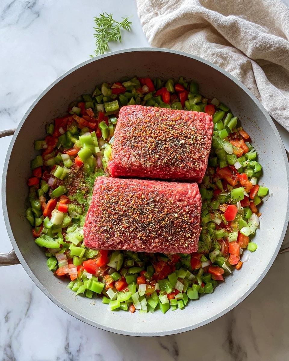 In a large gray pan, there is a base layer of finely chopped green and red bell peppers mixed with small pieces of onion, creating a colorful, fresh vegetable bed. On top of this, there are two thick blocks of raw ground meat placed in the center, sprinkled with a mix of ground spices including black pepper and a reddish seasoning. The pan sits on a white marbled surface with a light beige cloth partly visible in the upper right corner. photo taken with an iphone --ar 4:5 --v 7