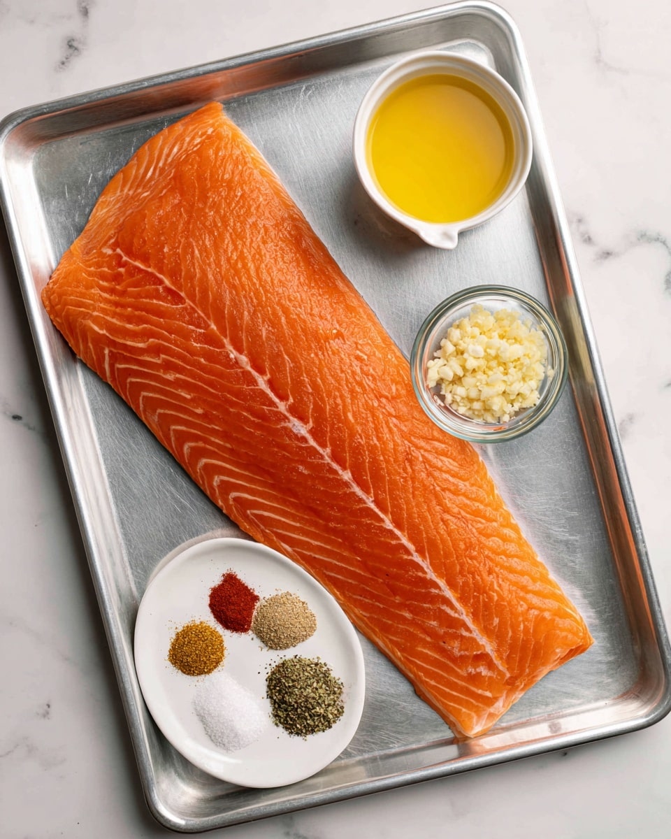 A large raw salmon fillet with a bright orange color and visible white lines is placed on a metal tray. To the top right of the salmon, there is a small white cup filled with melted butter showing a smooth yellow surface. Below the cup, a small clear glass bowl holds crushed garlic pieces. On the bottom left of the tray, a white round plate holds seven different spices arranged in small piles: red paprika, fine black pepper, golden brown sugar, dried green Italian seasoning, white salt, fine garlic powder, and a light yellow spice. The whole setup is on a white marbled surface. photo taken with an iphone --ar 4:5 --v 7