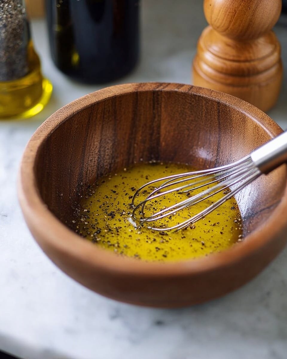 A brown wooden bowl filled with a thin layer of yellow olive oil mixed with small black pepper specks, with a small silver whisk resting inside the bowl on the right side. The bowl is placed on a white marbled surface with a wooden pepper grinder and a dark bottle visible in the blurred background. Photo taken with an iphone --ar 4:5 --v 7