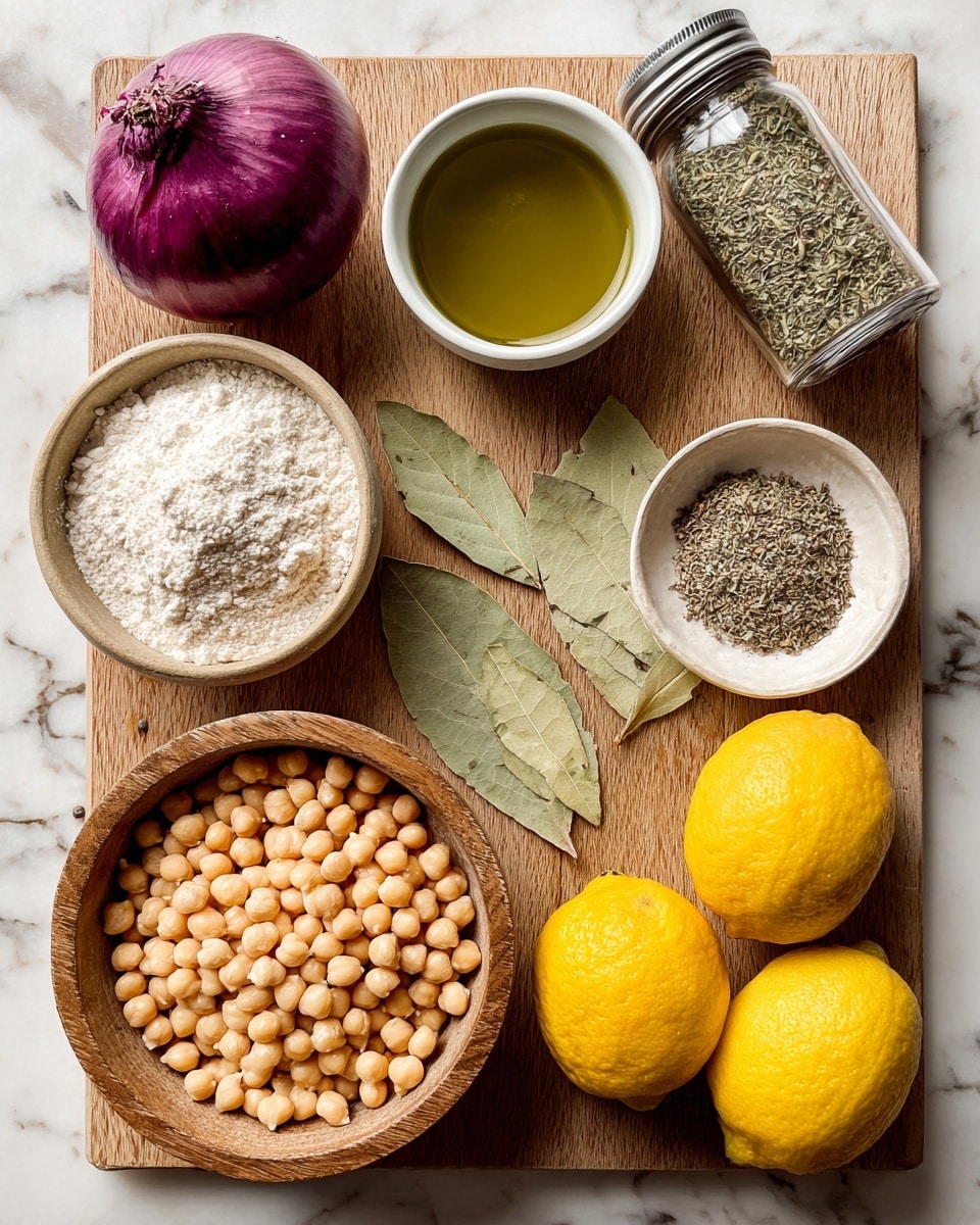 The image shows a wooden surface with various ingredients arranged neatly. At the top left, there is a single purple onion, below it a white bowl filled with green olive oil. In the center are two bay leaves lying flat, with a small white bowl of dried oregano seeds to the right. Above the oregano, a tilted glass jar of pepper and sea salt is placed. Below the oregano is a small wooden bowl filled with white all-purpose flour. On the left bottom corner, a large wooden bowl holds pale yellow dried chickpeas. At the bottom right, two bright yellow lemons rest next to each other. All items are placed against a white marbled texture background. Photo taken with an iphone --ar 4:5 --v 7